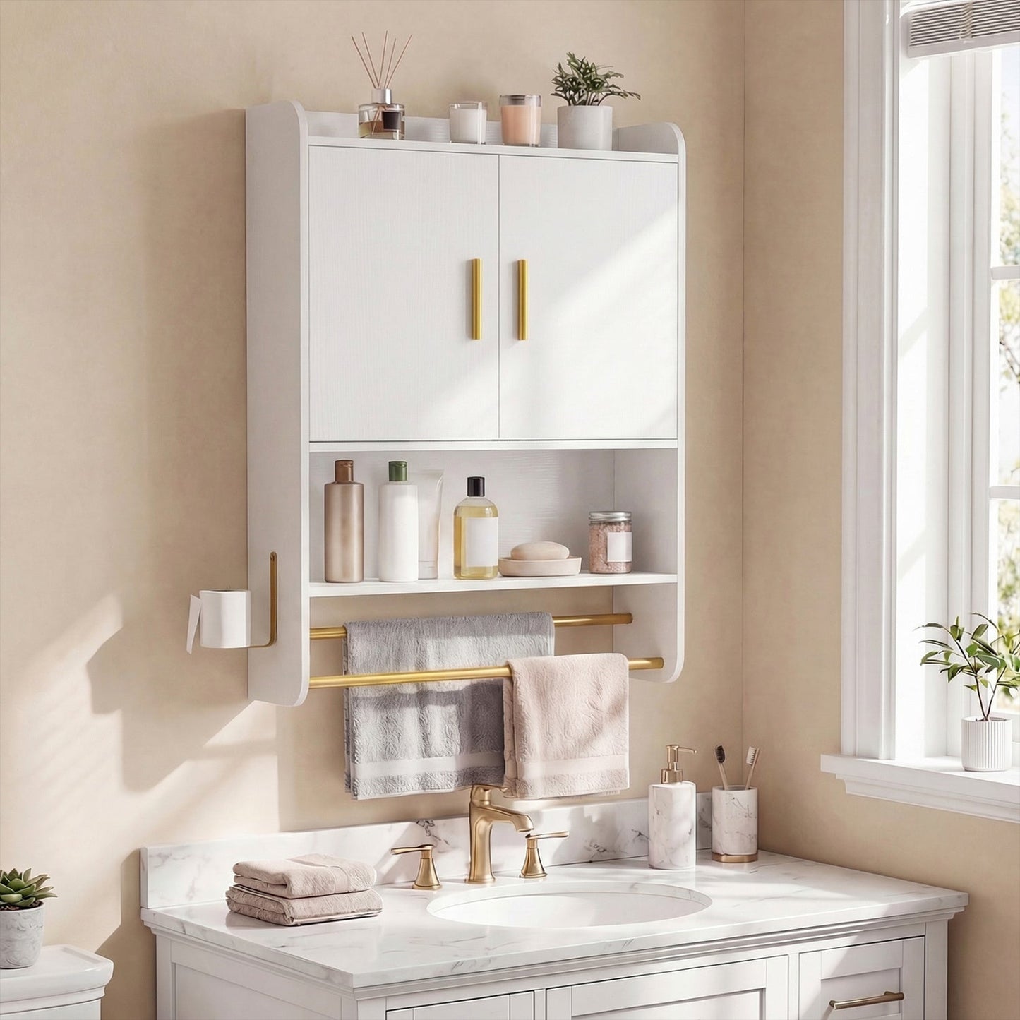 Wall Mounted Bathroom Cabinet with Towel Bars and Adjustable Shelf