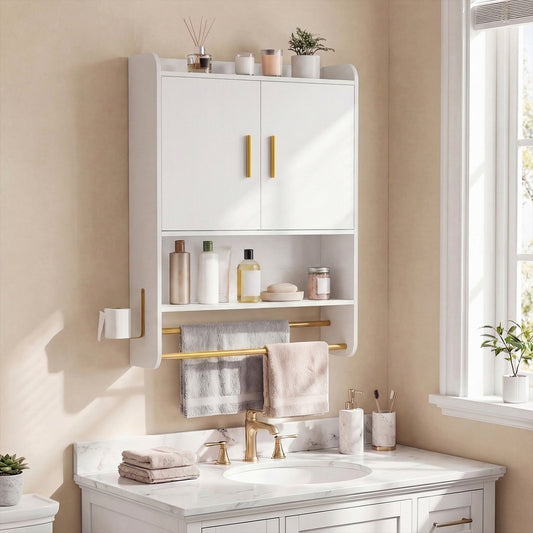 Wall Mounted Bathroom Cabinet with Towel Bars and Adjustable Shelf