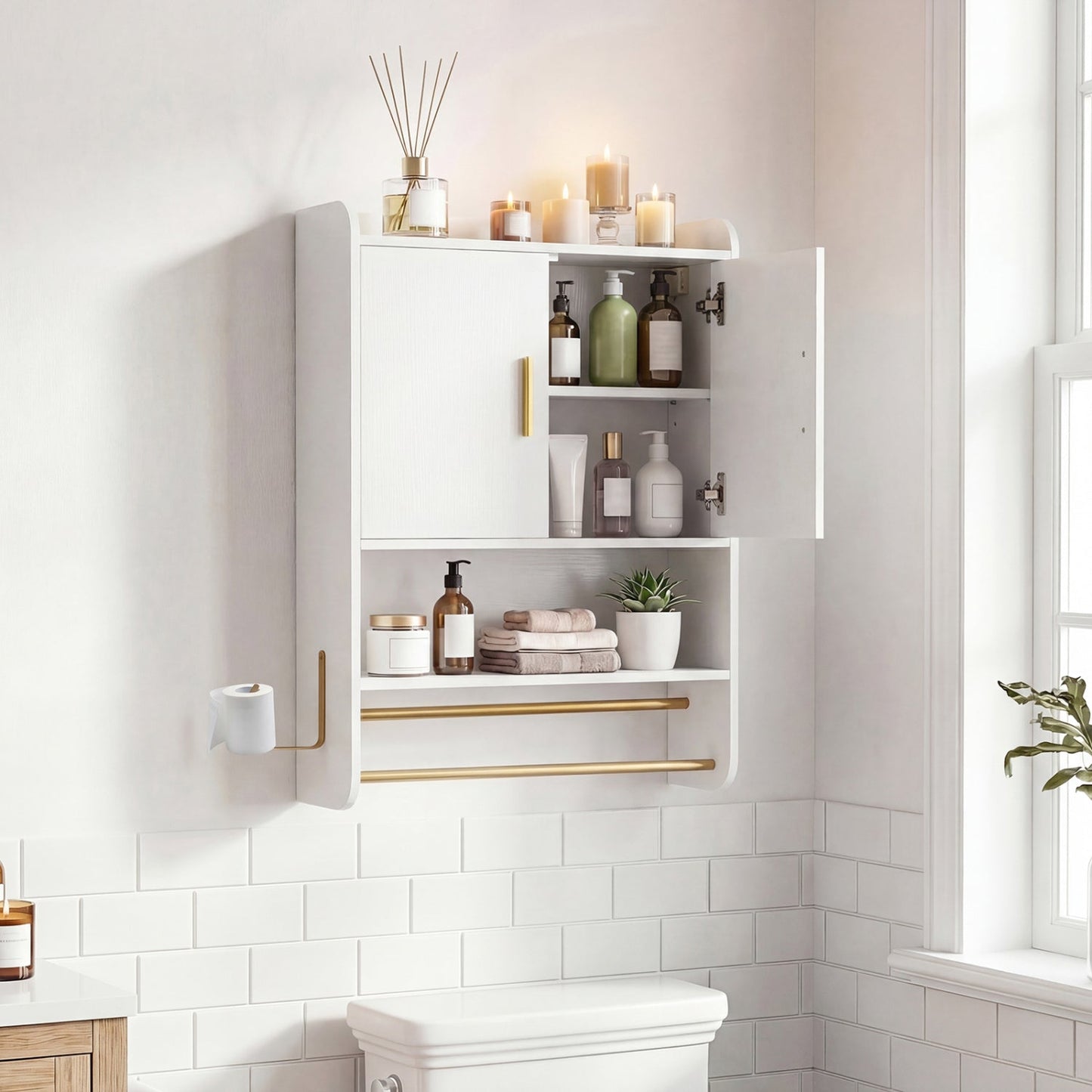 Wall Mounted Bathroom Cabinet with Towel Bars and Adjustable Shelf