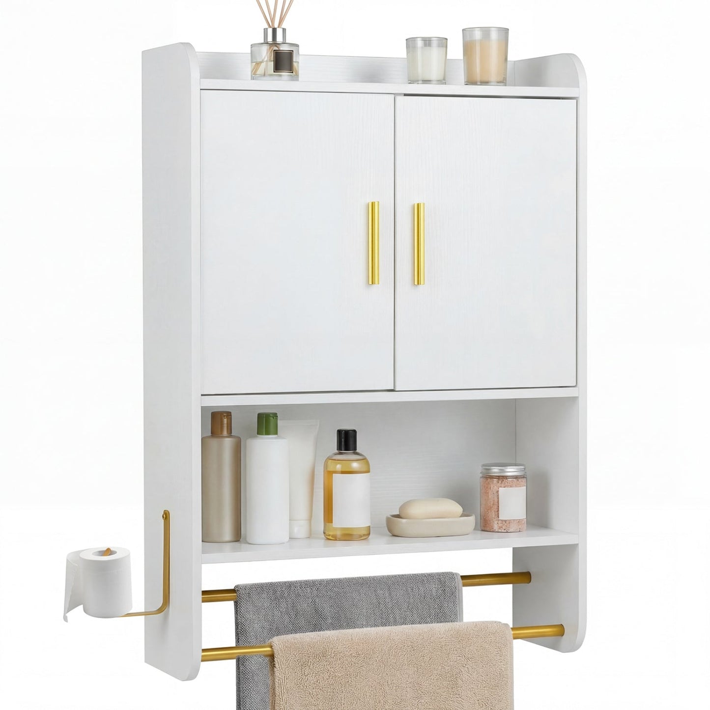 Wall Mounted Bathroom Cabinet with Towel Bars and Adjustable Shelf