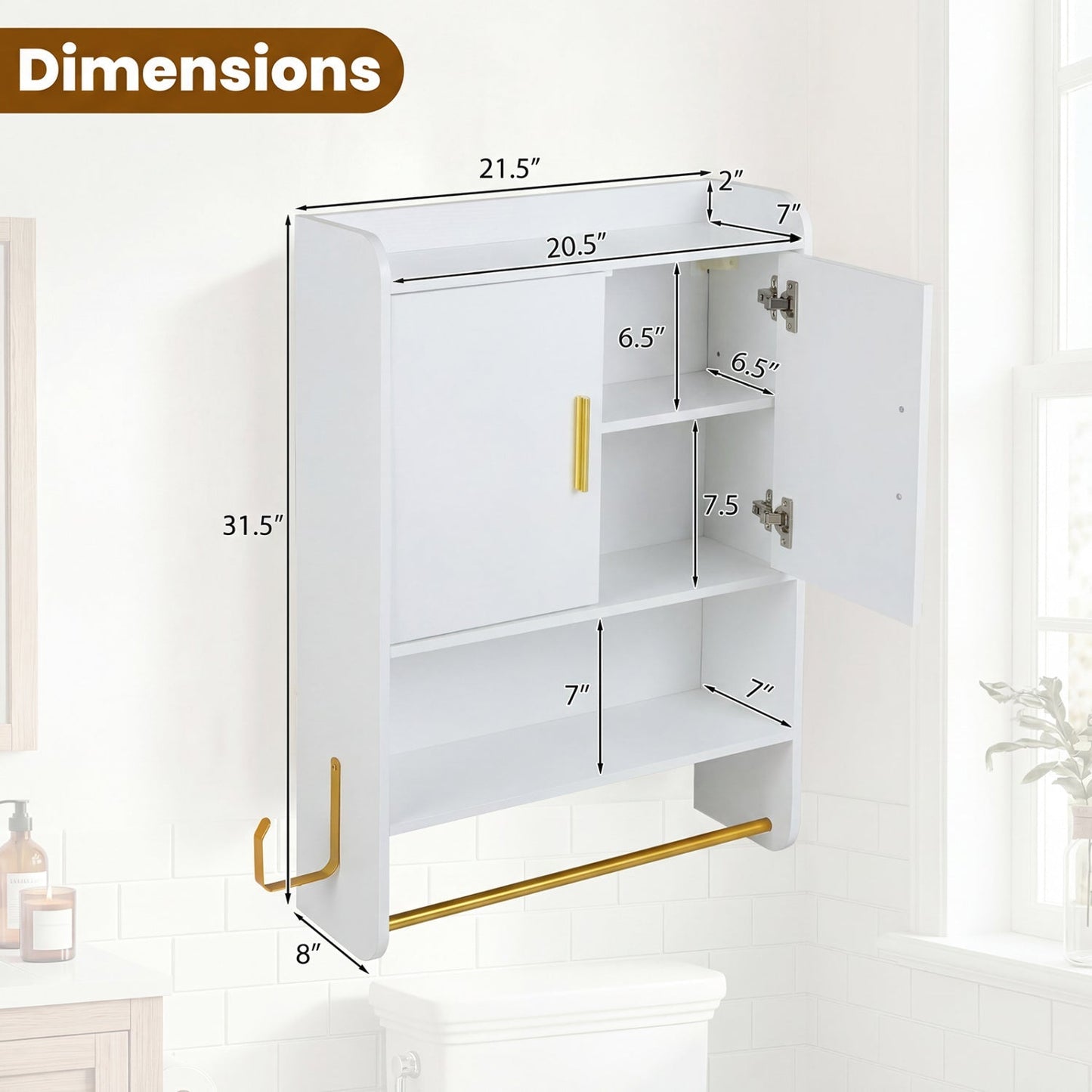 Wall Mounted Bathroom Cabinet with Towel Bars and Adjustable Shelf