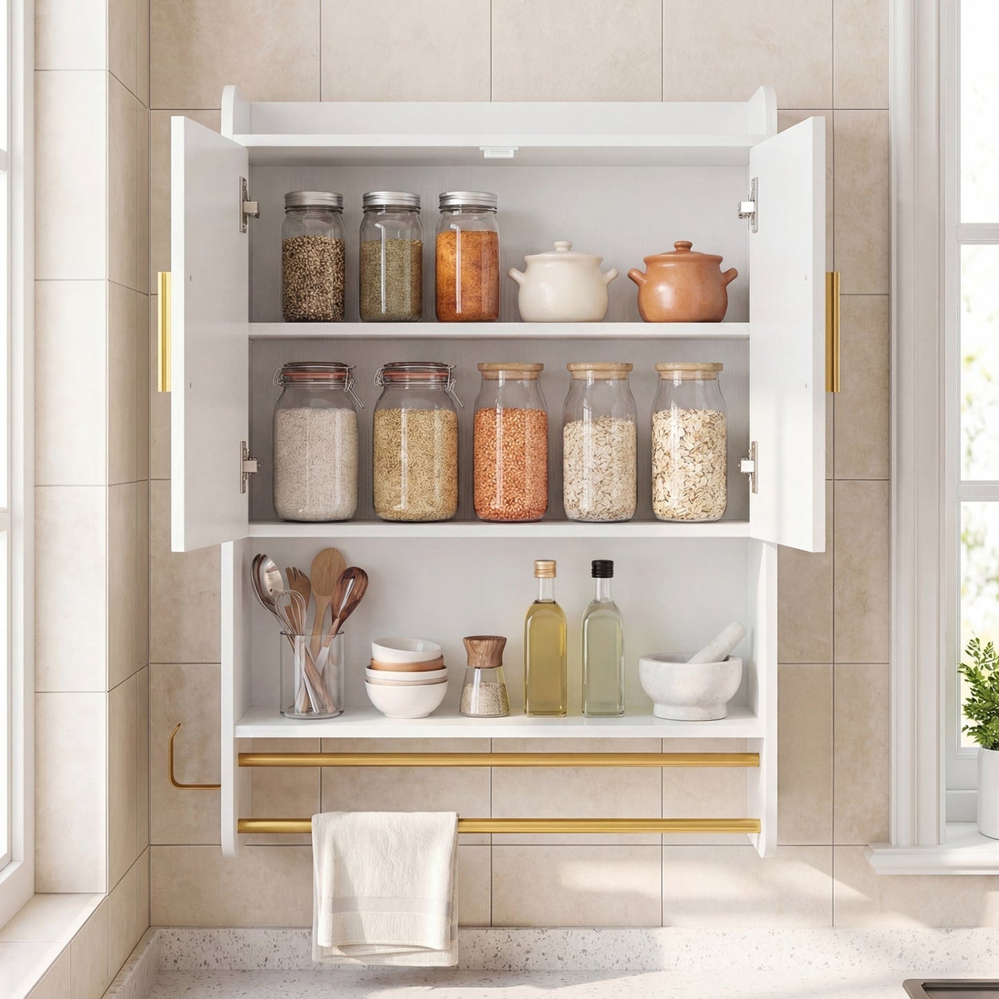 Wall Mounted Bathroom Cabinet with Towel Bars and Adjustable Shelf