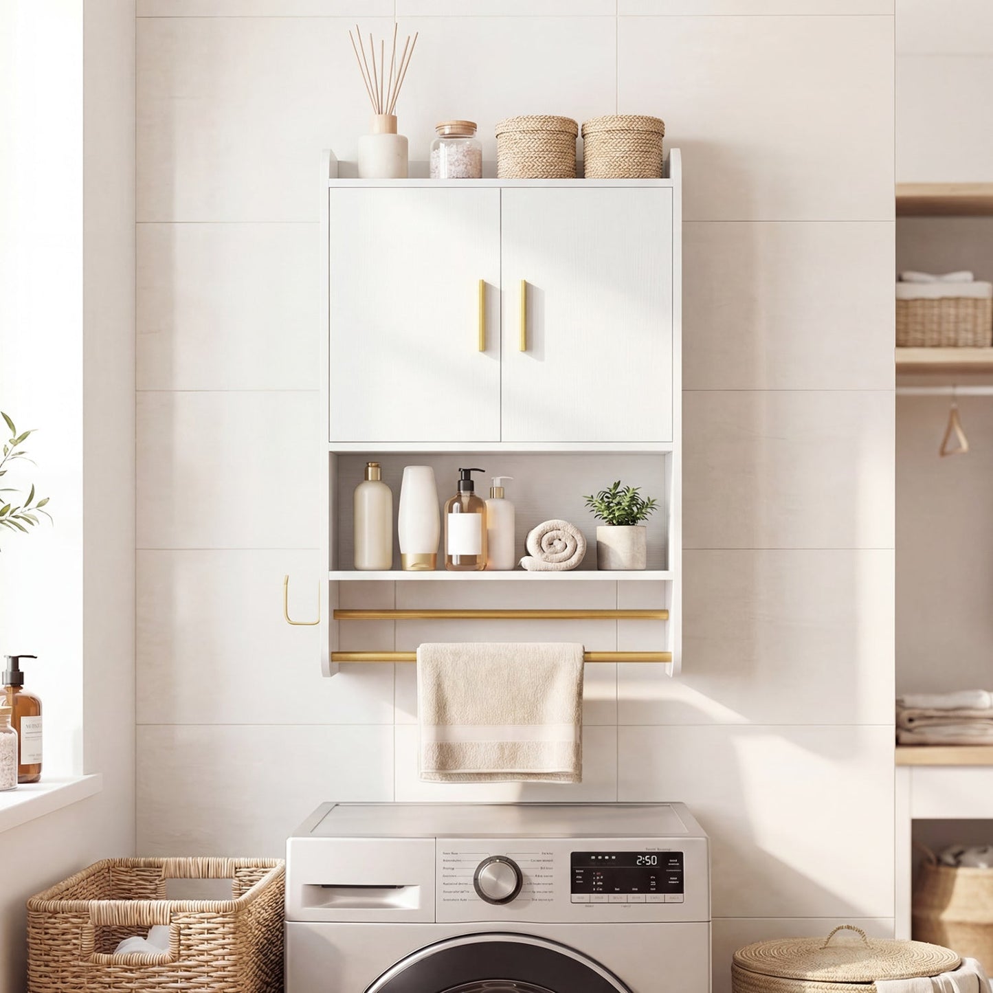 Wall Mounted Bathroom Cabinet with Towel Bars and Adjustable Shelf