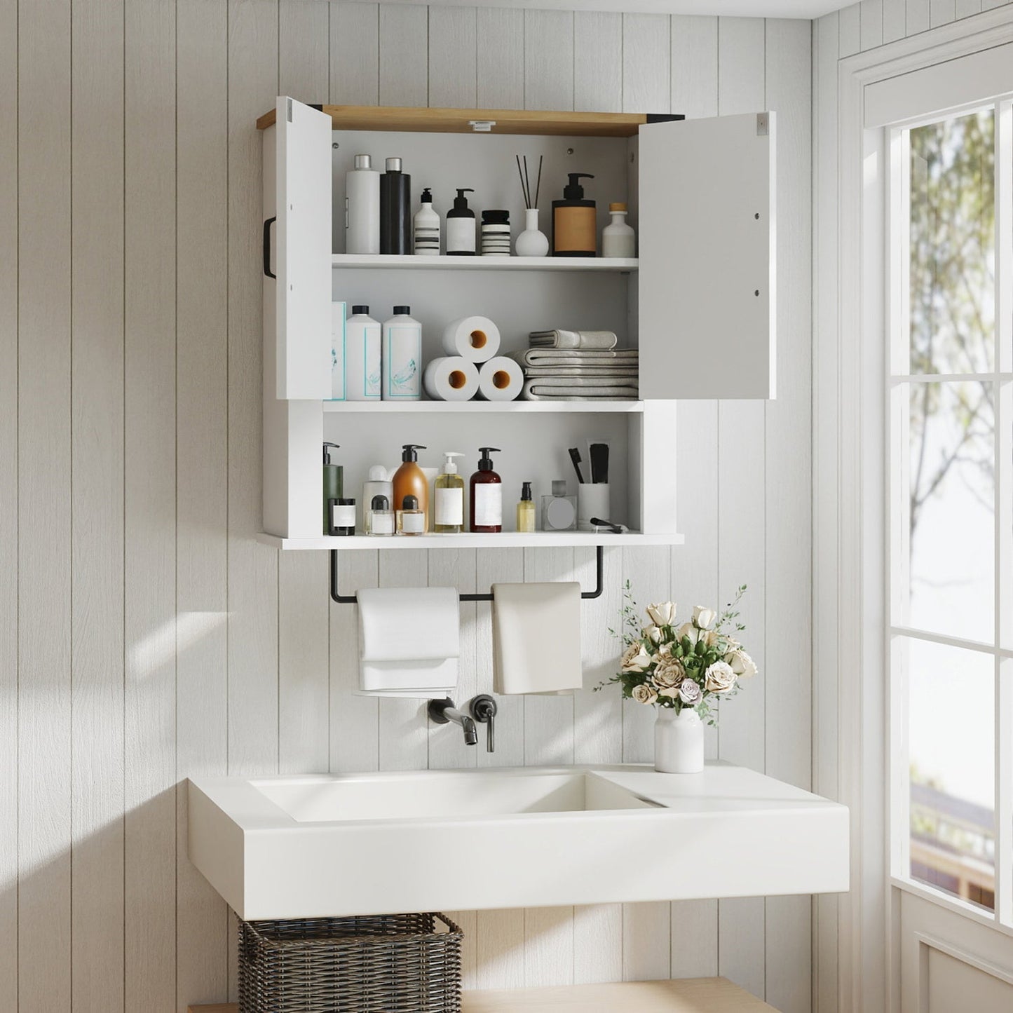 Farmhouse Bathroom Wall Cabinet with Towel Bar - White