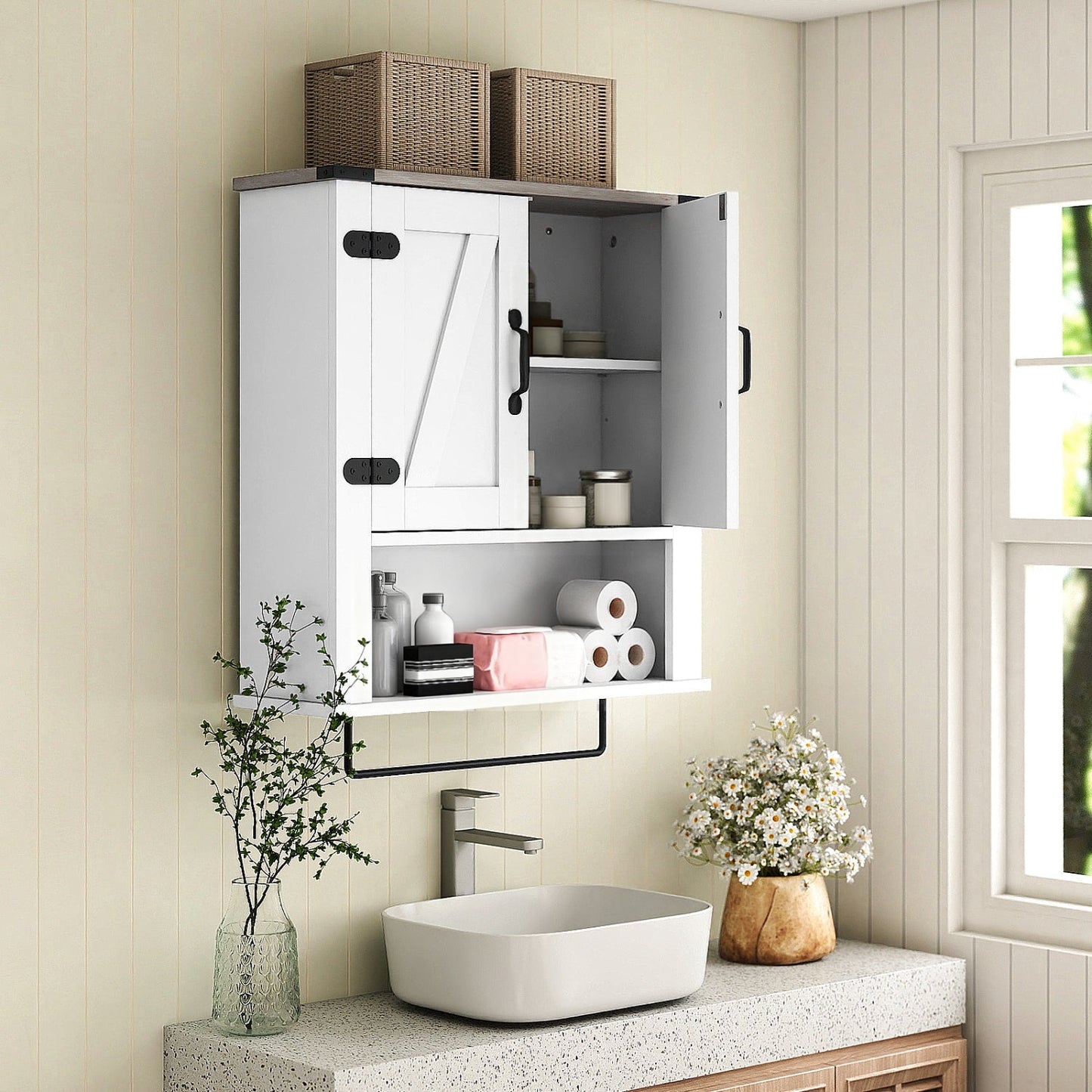 Farmhouse Bathroom Wall Cabinet with Towel Bar - White