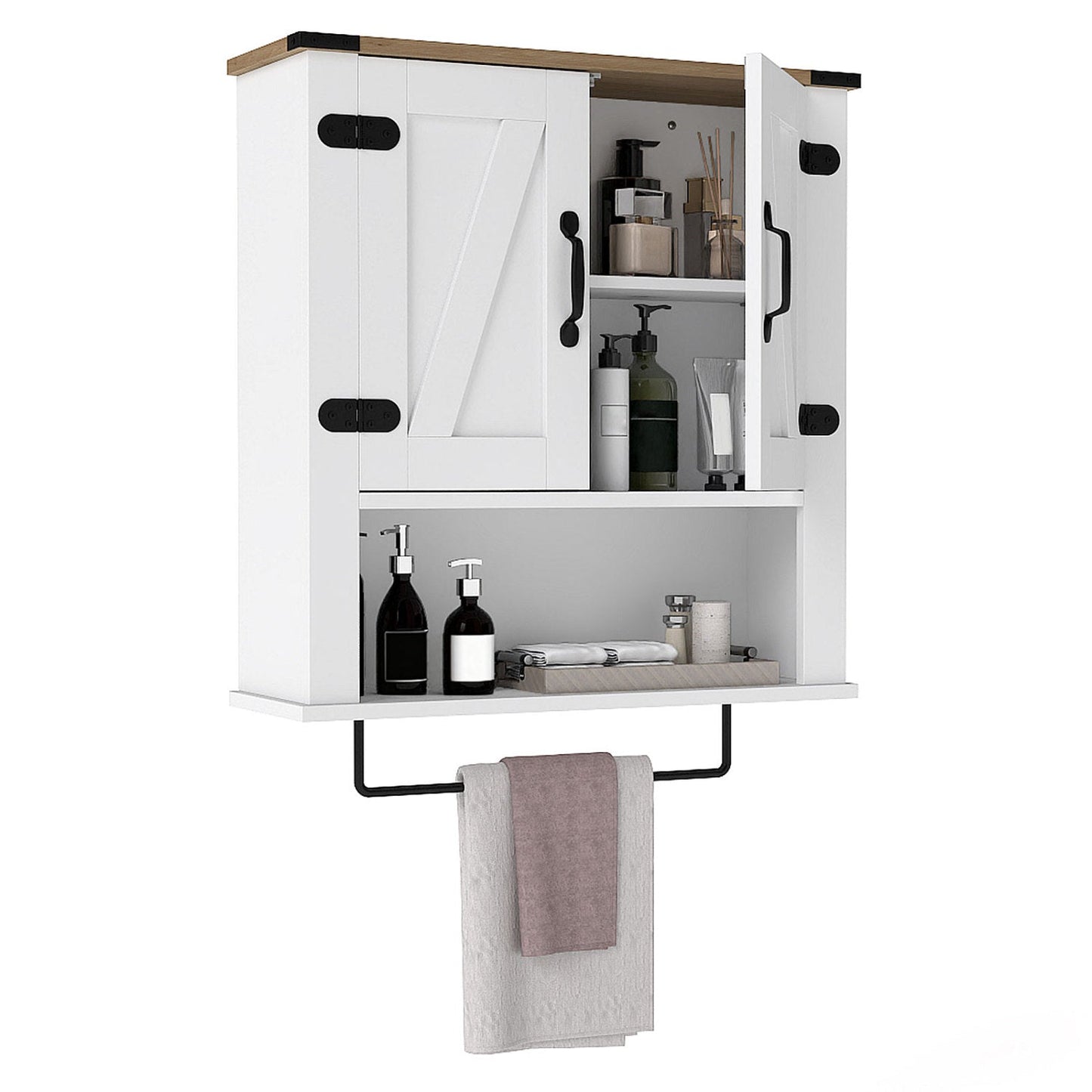 Farmhouse Bathroom Wall Cabinet with Towel Bar - White