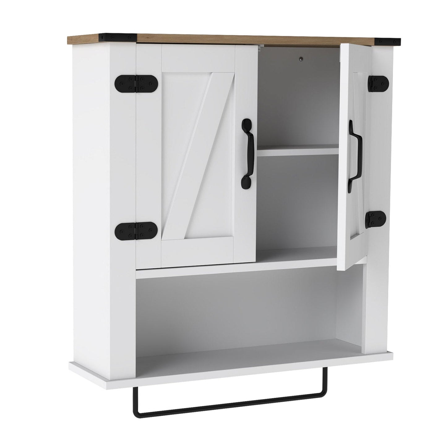 Farmhouse Bathroom Wall Cabinet with Towel Bar - White