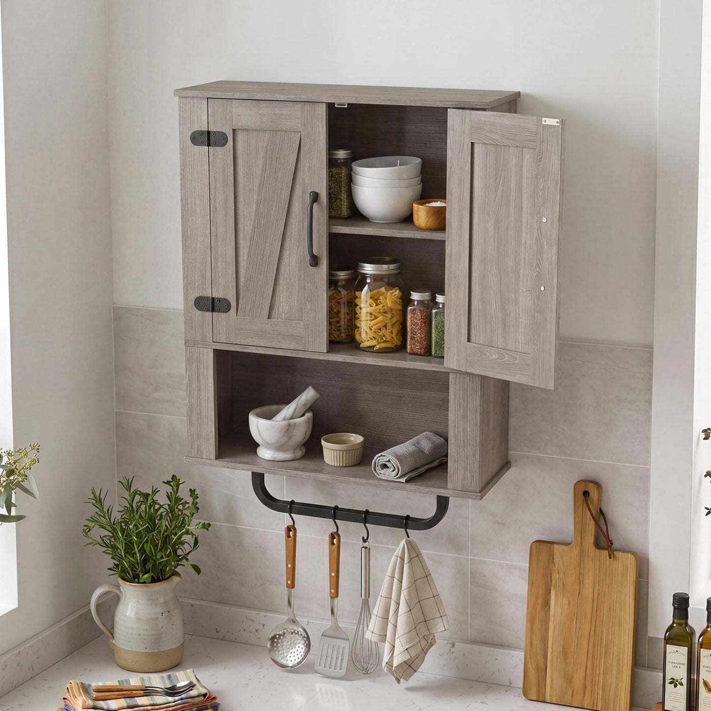 Bathroom Wall Cabinet with Barn Doors and Towel Bar