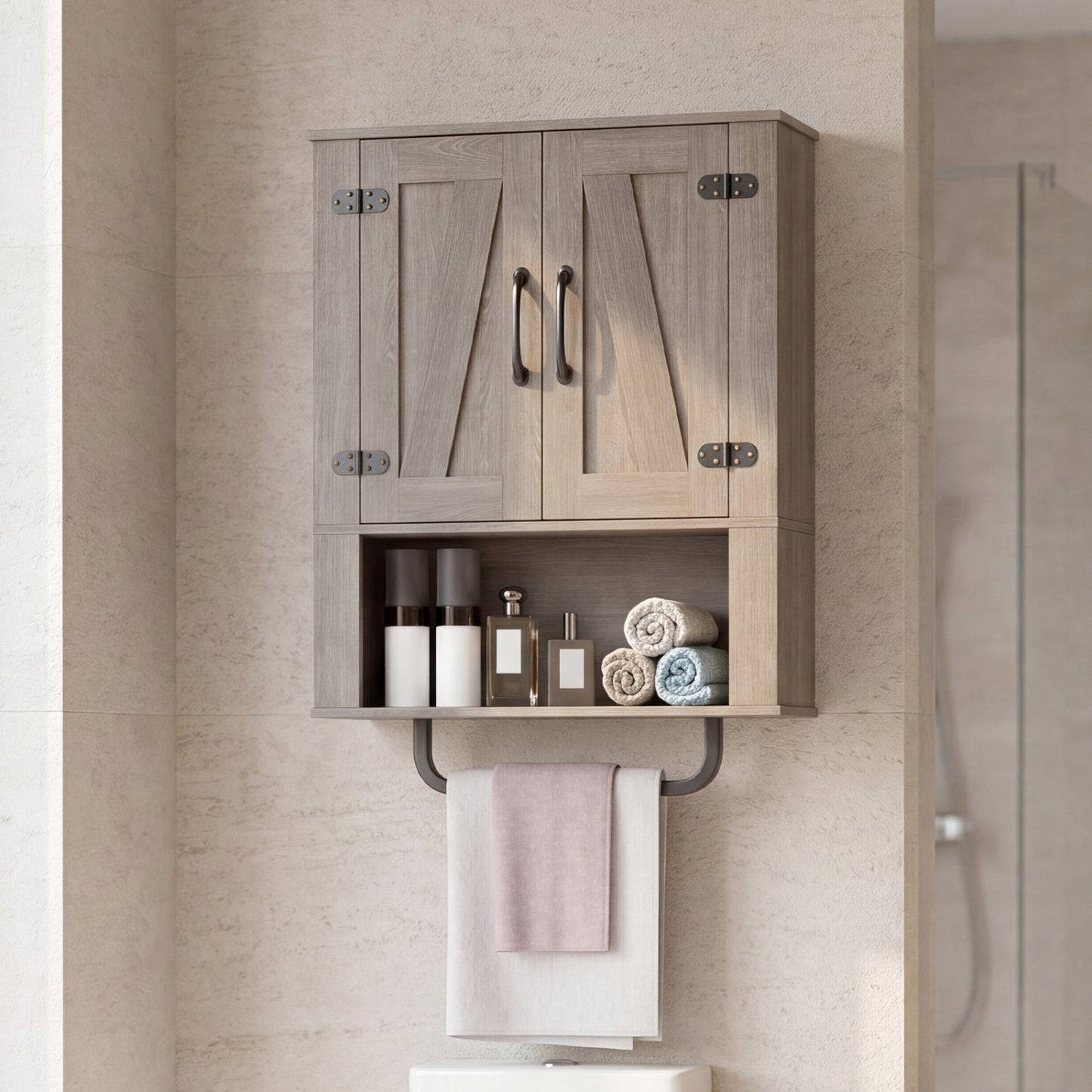 Bathroom Wall Cabinet with Barn Doors and Towel Bar
