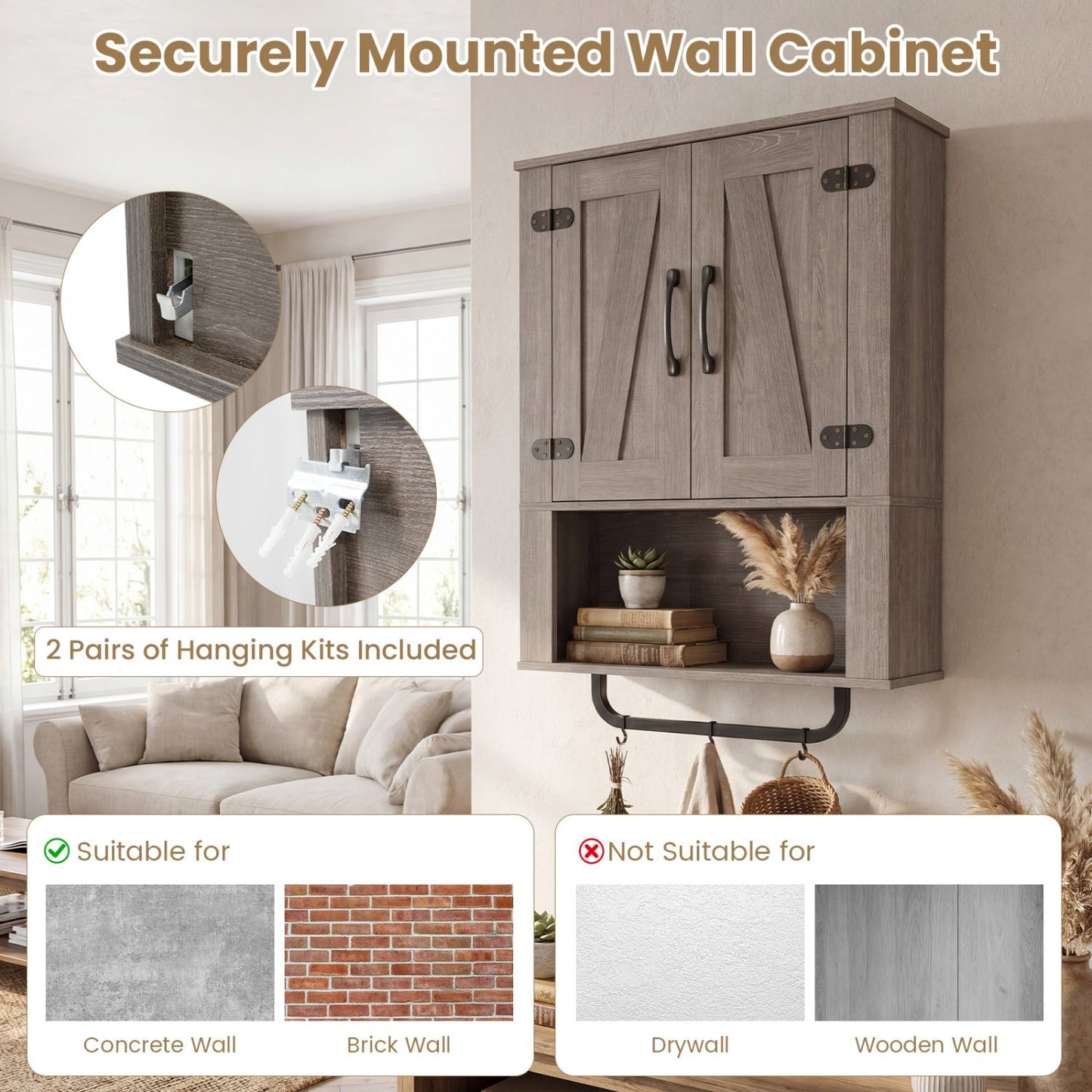 Bathroom Wall Cabinet with Barn Doors and Towel Bar