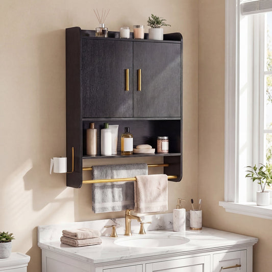 Wall Mounted Bathroom Cabinet with Towel Bars - Black