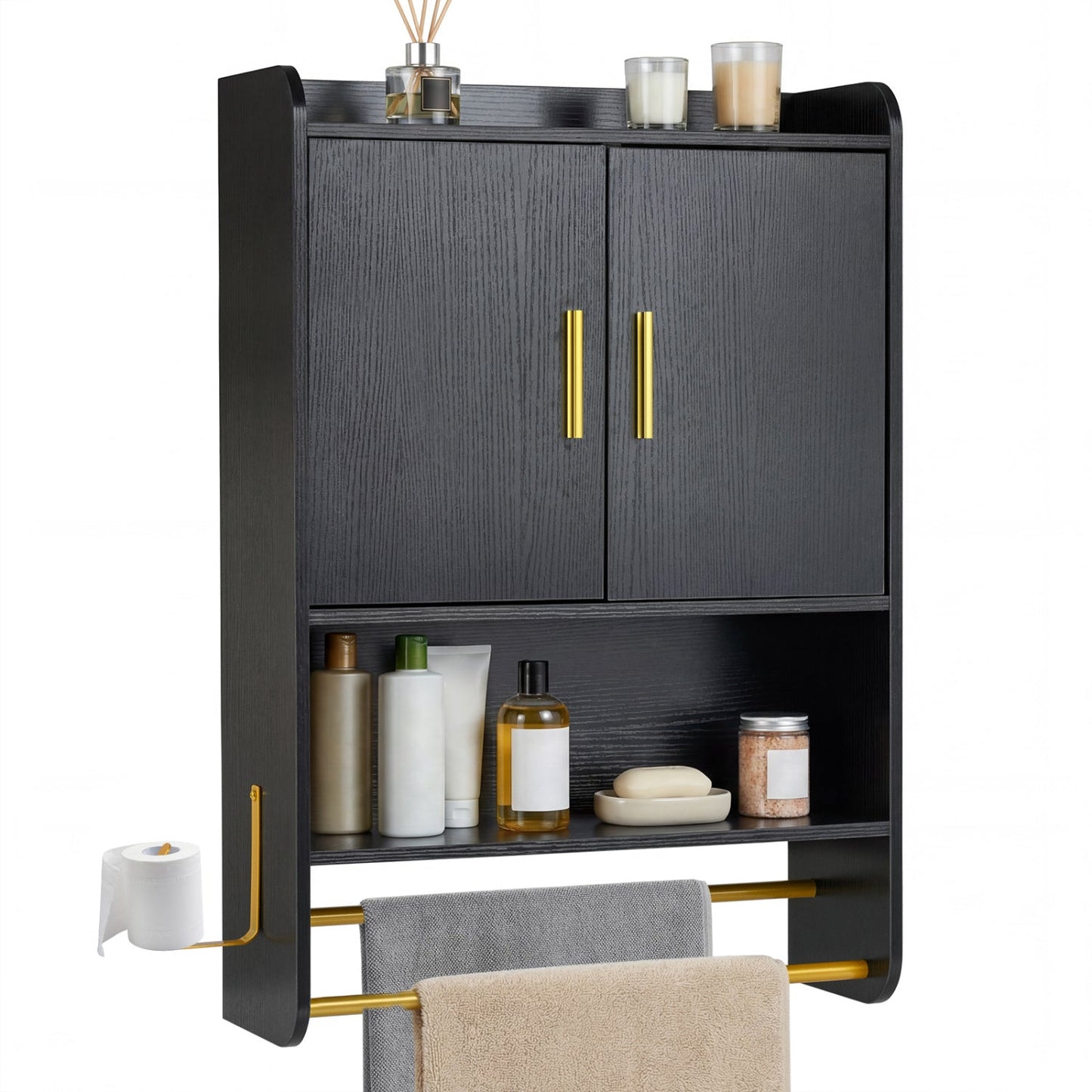 Wall Mounted Bathroom Cabinet with Towel Bars - Black