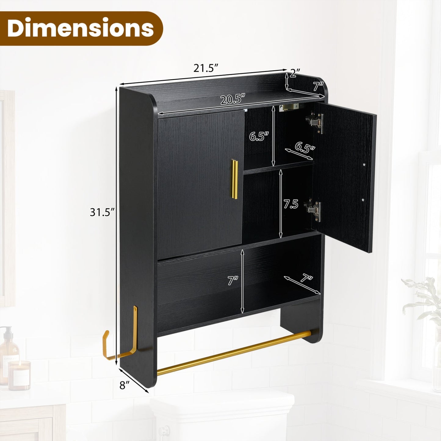 Wall Mounted Bathroom Cabinet with Towel Bars - Black