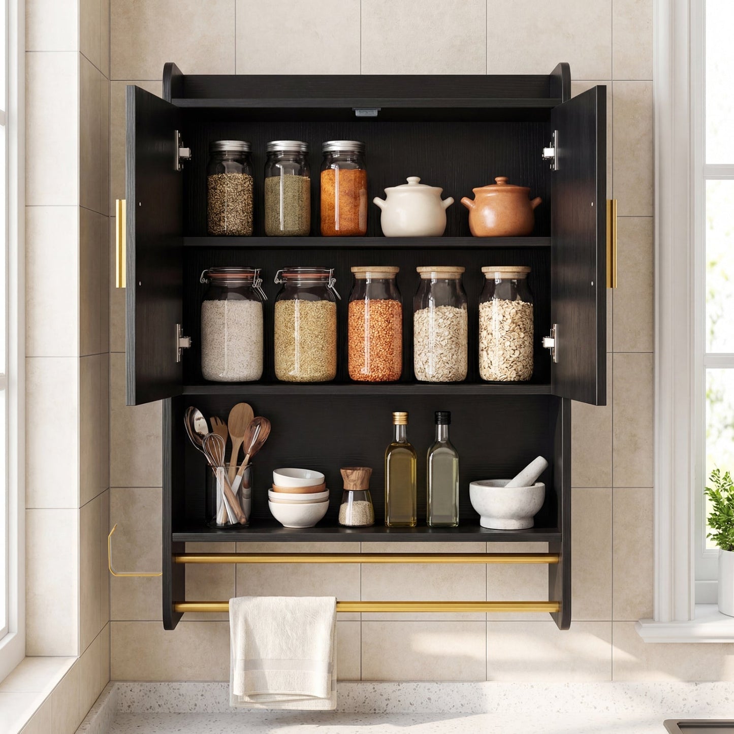 Wall Mounted Bathroom Cabinet with Towel Bars - Black