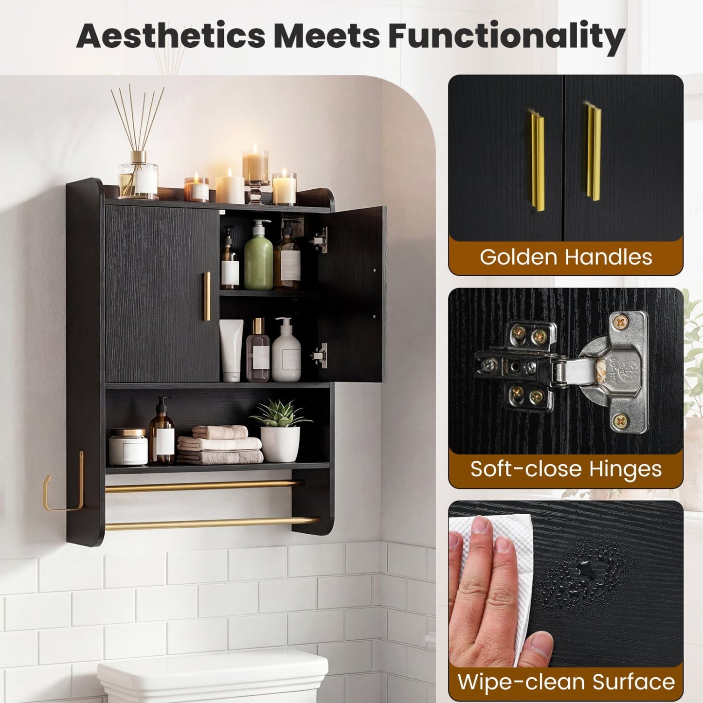 Wall Mounted Bathroom Cabinet with Towel Bars - Black