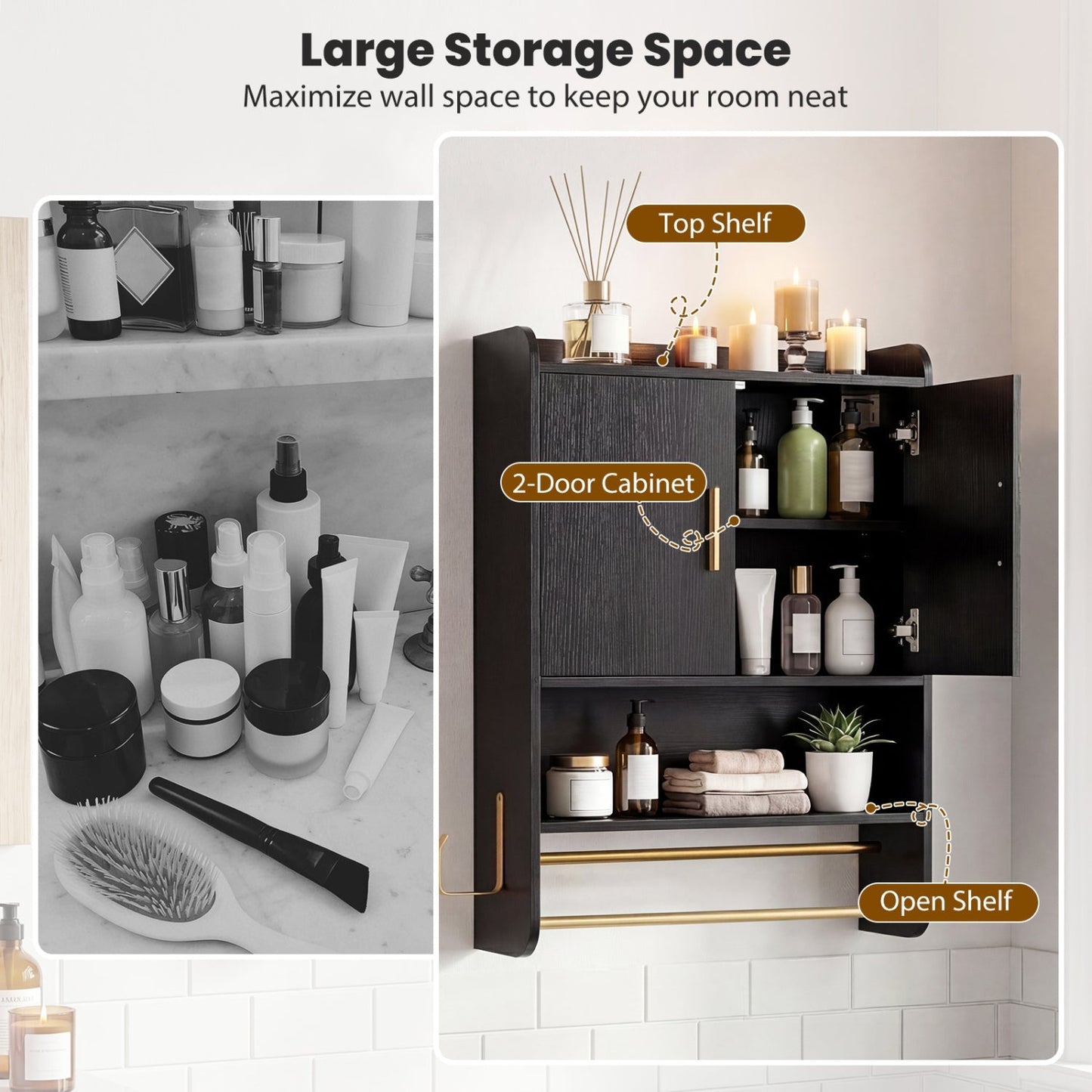 Wall Mounted Bathroom Cabinet with Towel Bars - Black