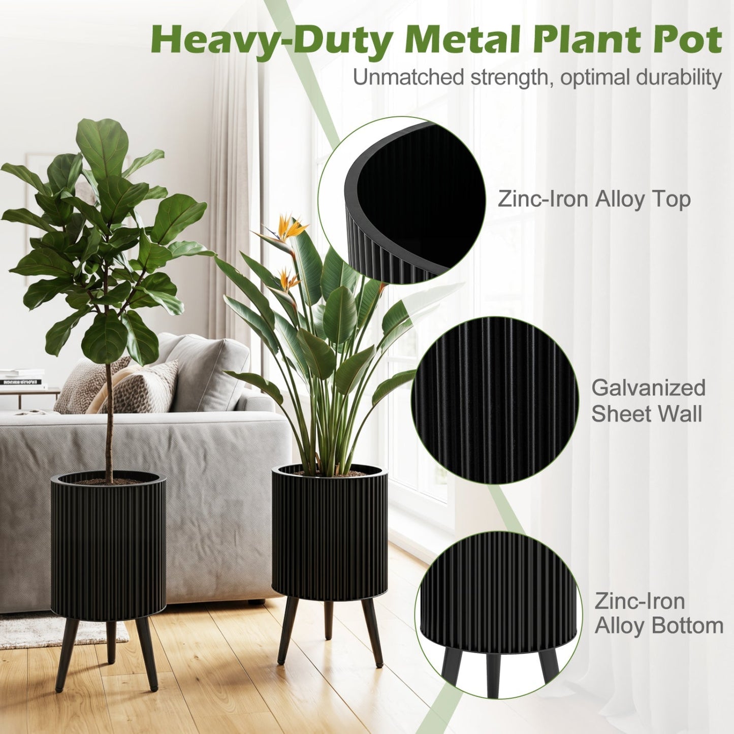 Fluted Metal Planter Pots with Stand Set of 2
