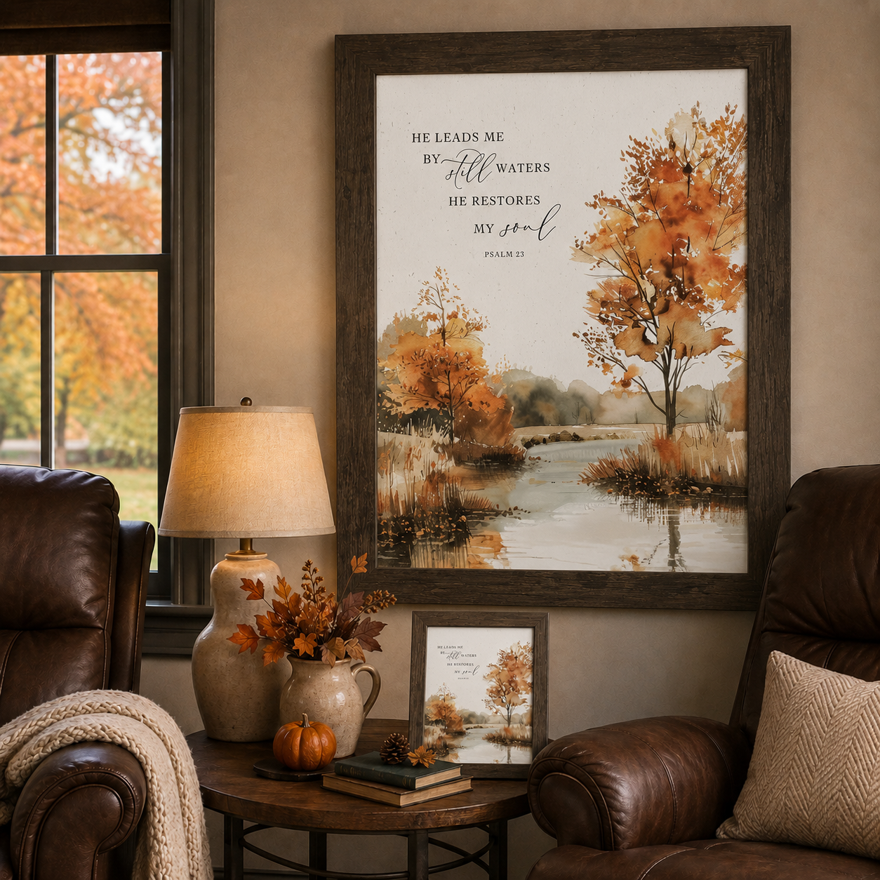 He Leads Me By Still Waters Wall Art – Psalm 23 Autumn Fall Scripture Decor (NS356)