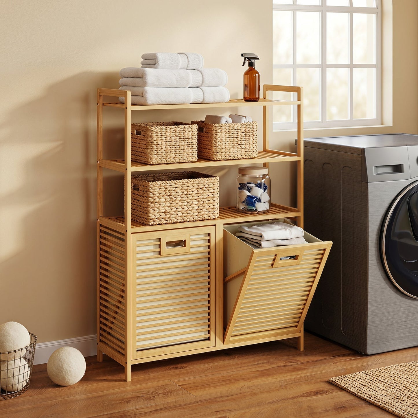 Double Tilt-Out Laundry Hamper with 3 Shelves & Baskets