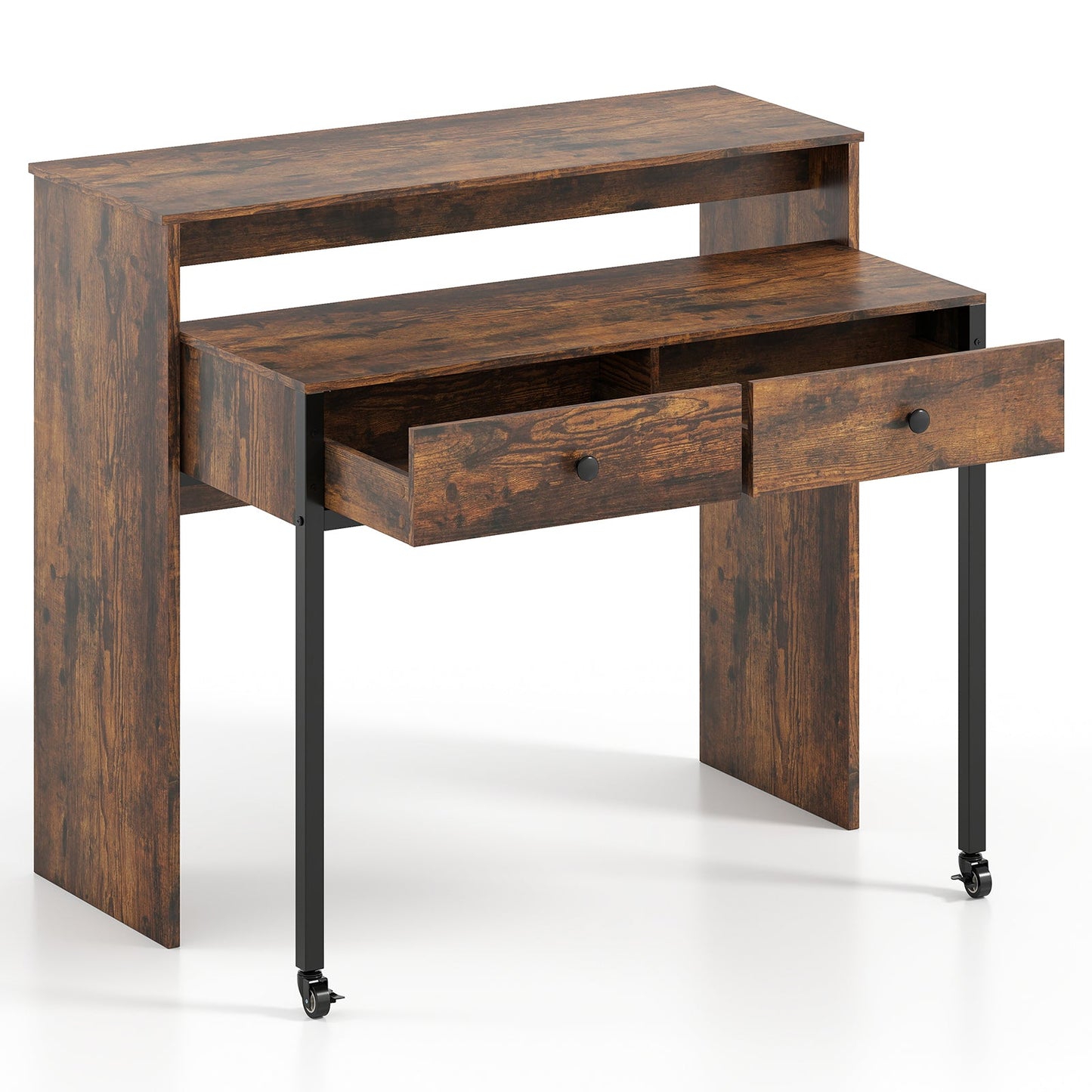 Extendable Computer Desk with 2 Storage Drawers Convertible Home Office Rolling Study Writing Desk