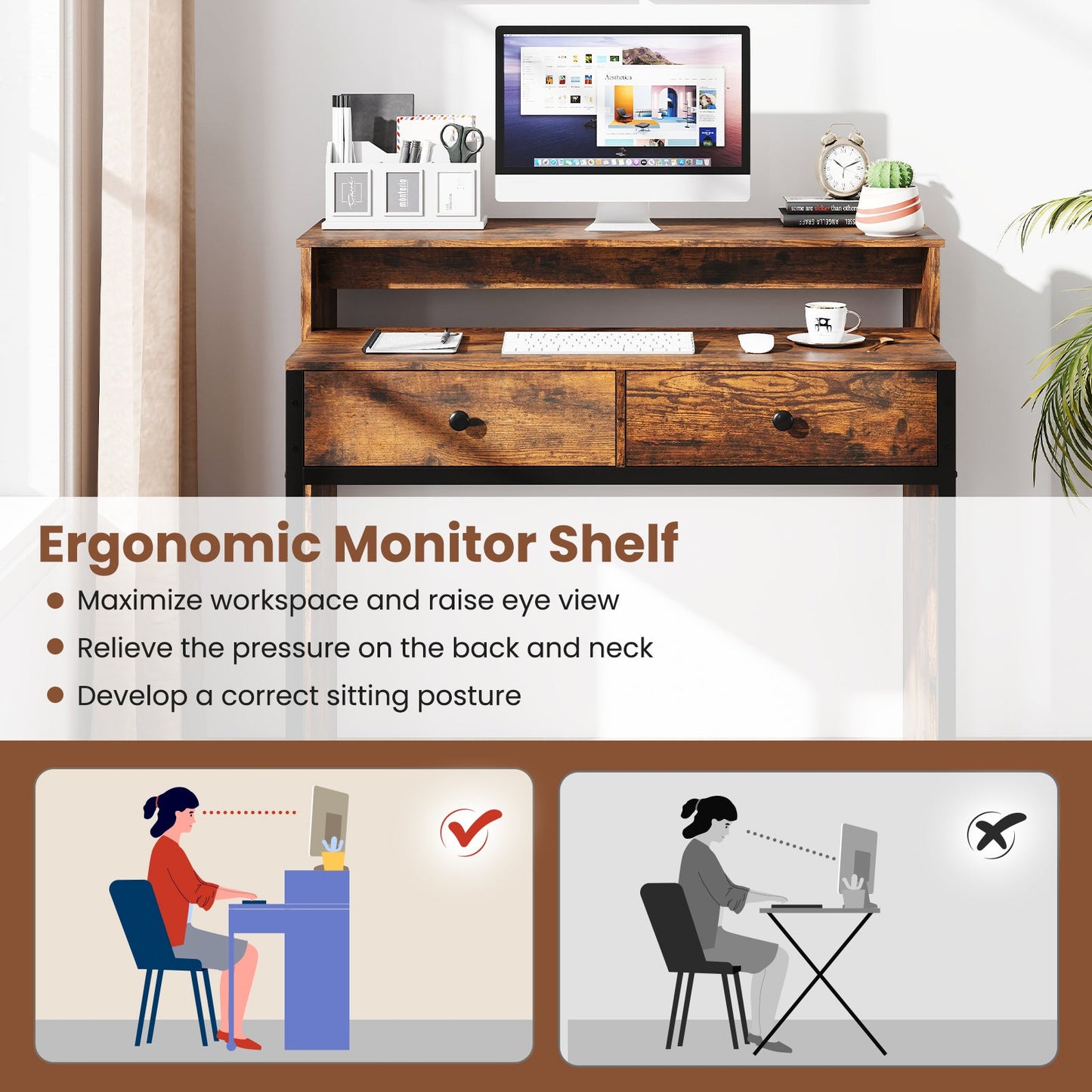 Extendable Computer Desk with 2 Storage Drawers Convertible Home Office Rolling Study Writing Desk