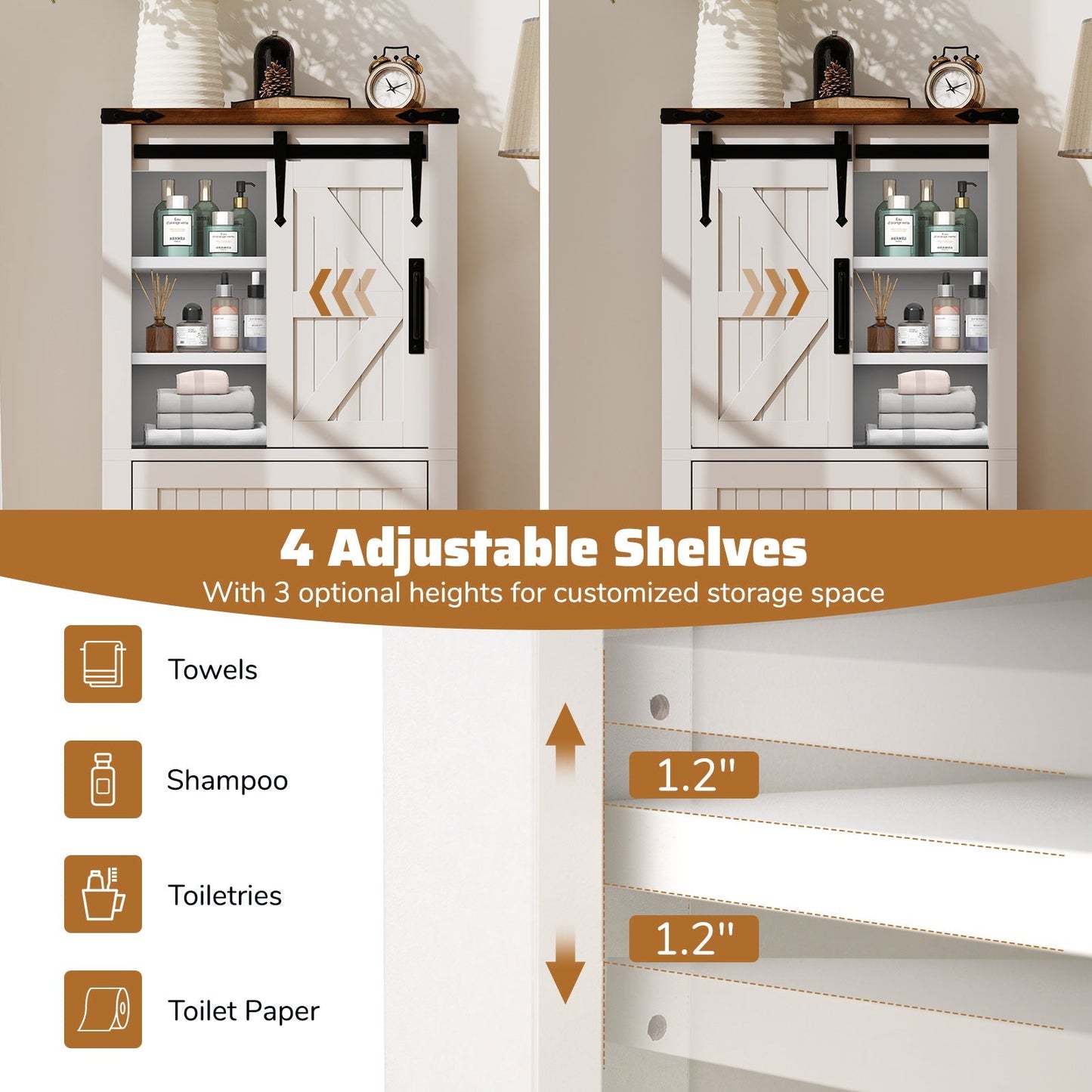 Farmhouse Bathroom Floor Cabinet Freestanding Wooden Storage Organizer-White