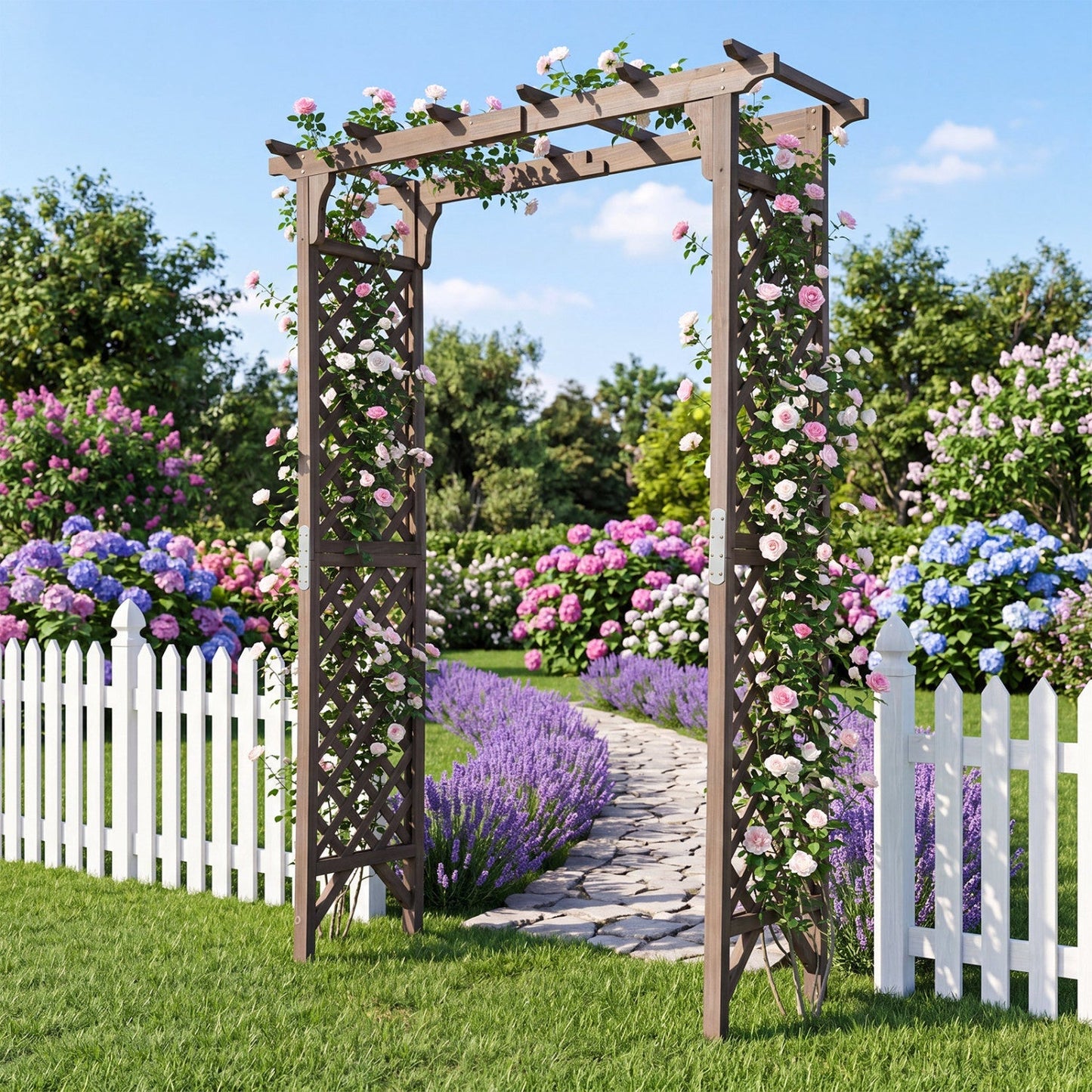 Garden Arch with Gate 85" Tall Wood for Climbing Plants
