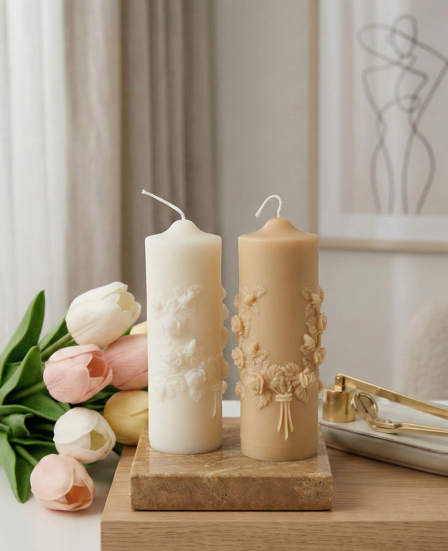 Floral Pillar Candle — Sculptural Soy Wax, Botanical Design, Handmade in USA