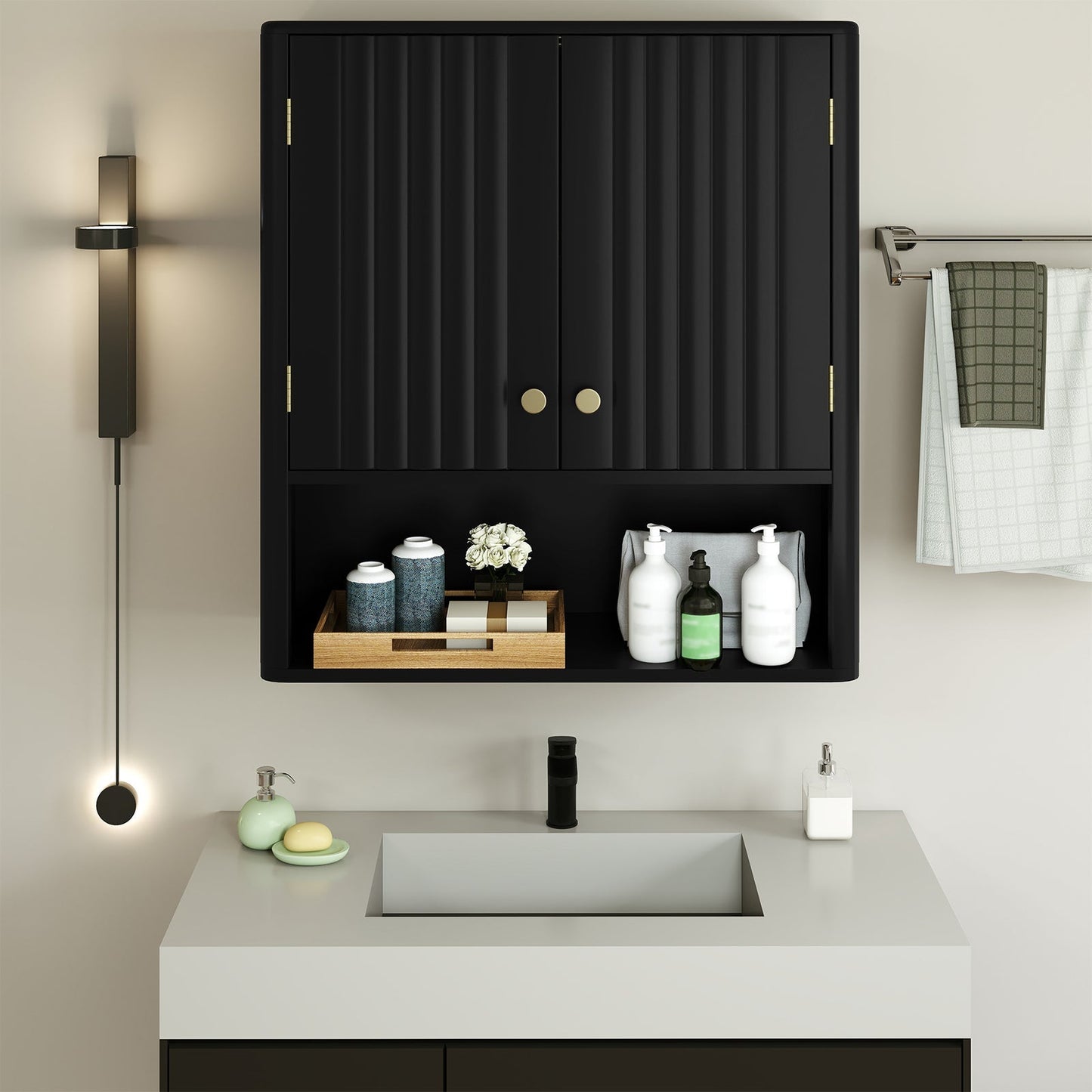 Fluted Bathroom Wall Cabinet with Open Shelf