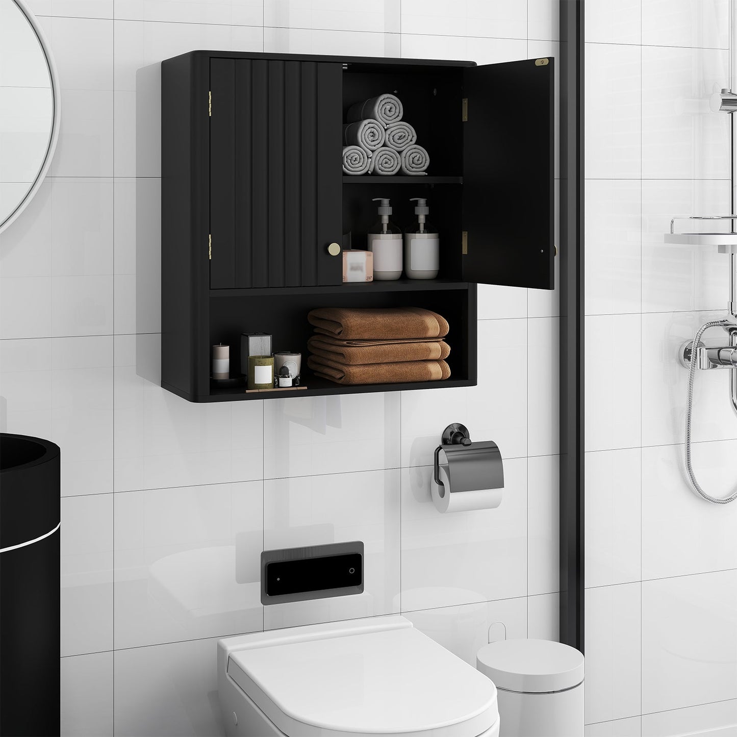 Fluted Bathroom Wall Cabinet with Open Shelf