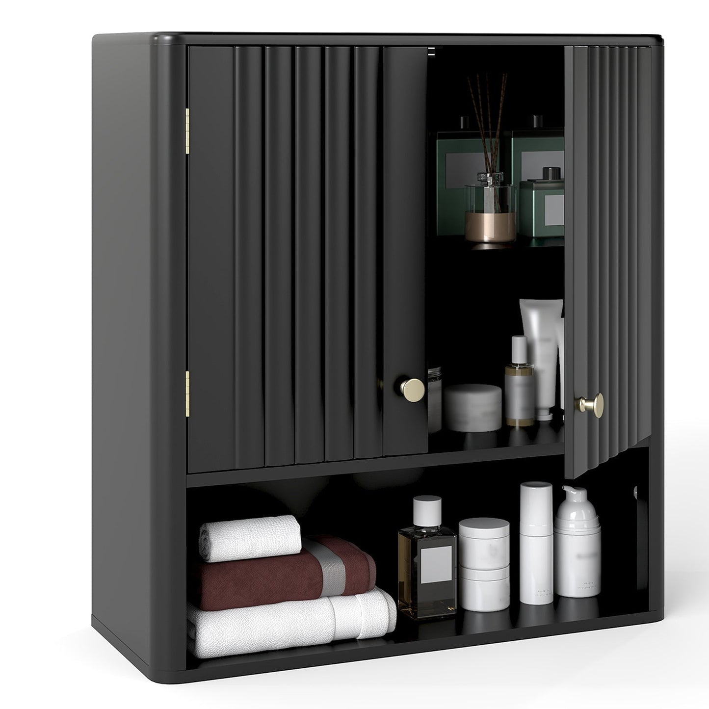 Fluted Bathroom Wall Cabinet with Open Shelf