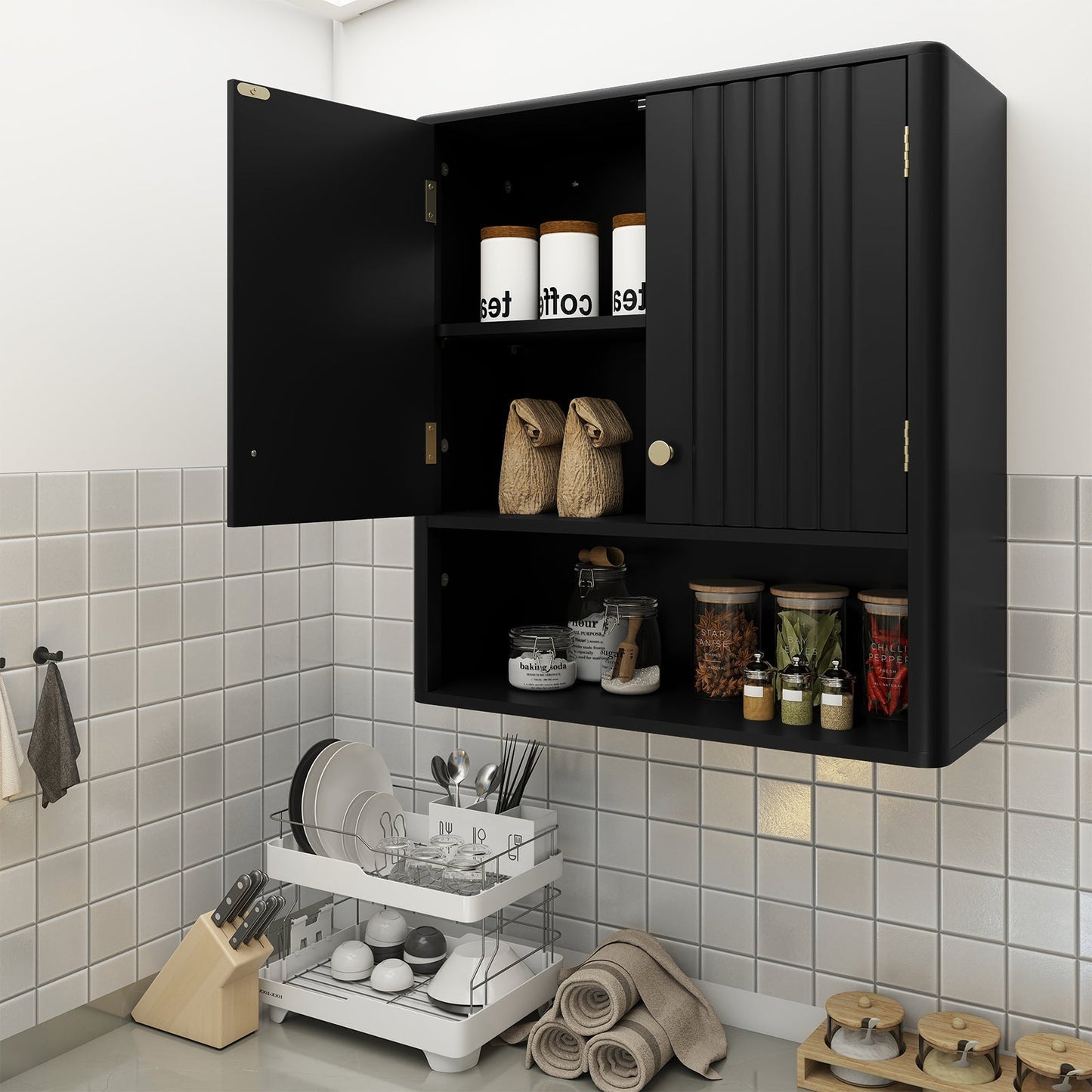 Fluted Bathroom Wall Cabinet with Open Shelf