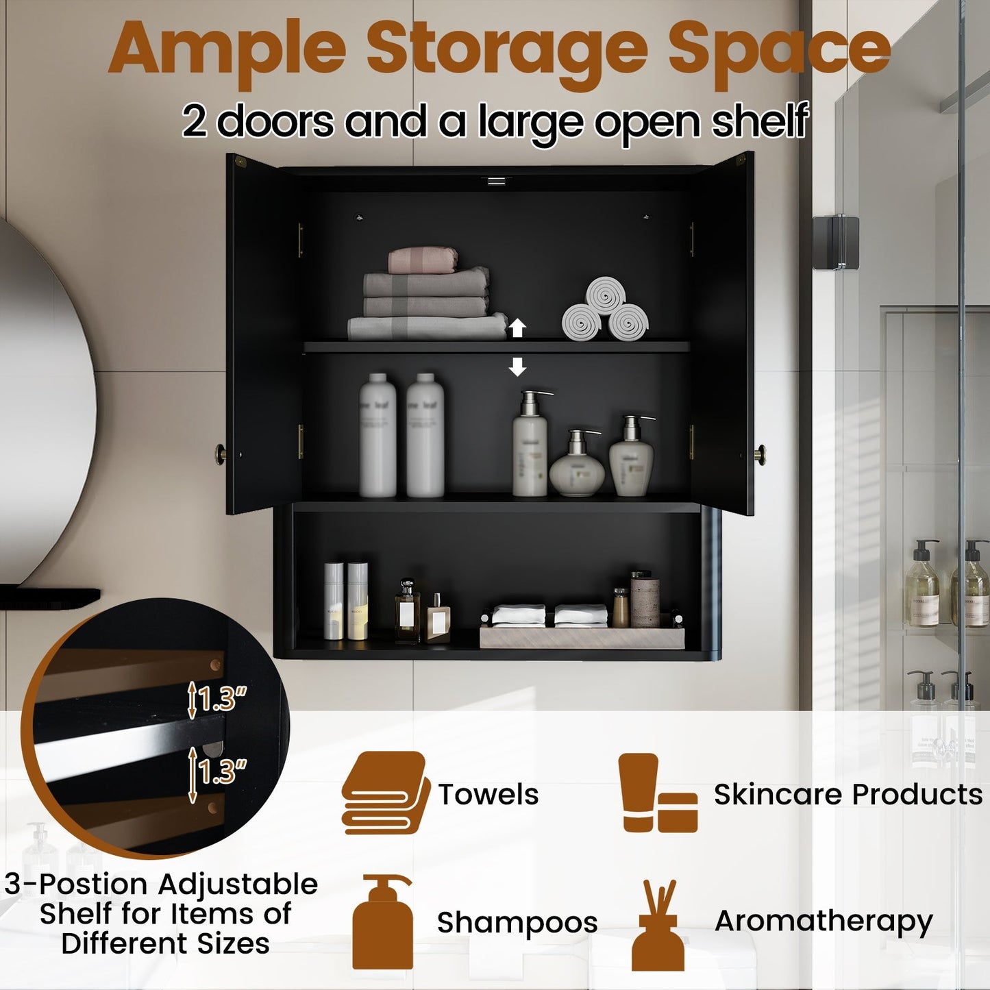 Fluted Bathroom Wall Cabinet with Open Shelf