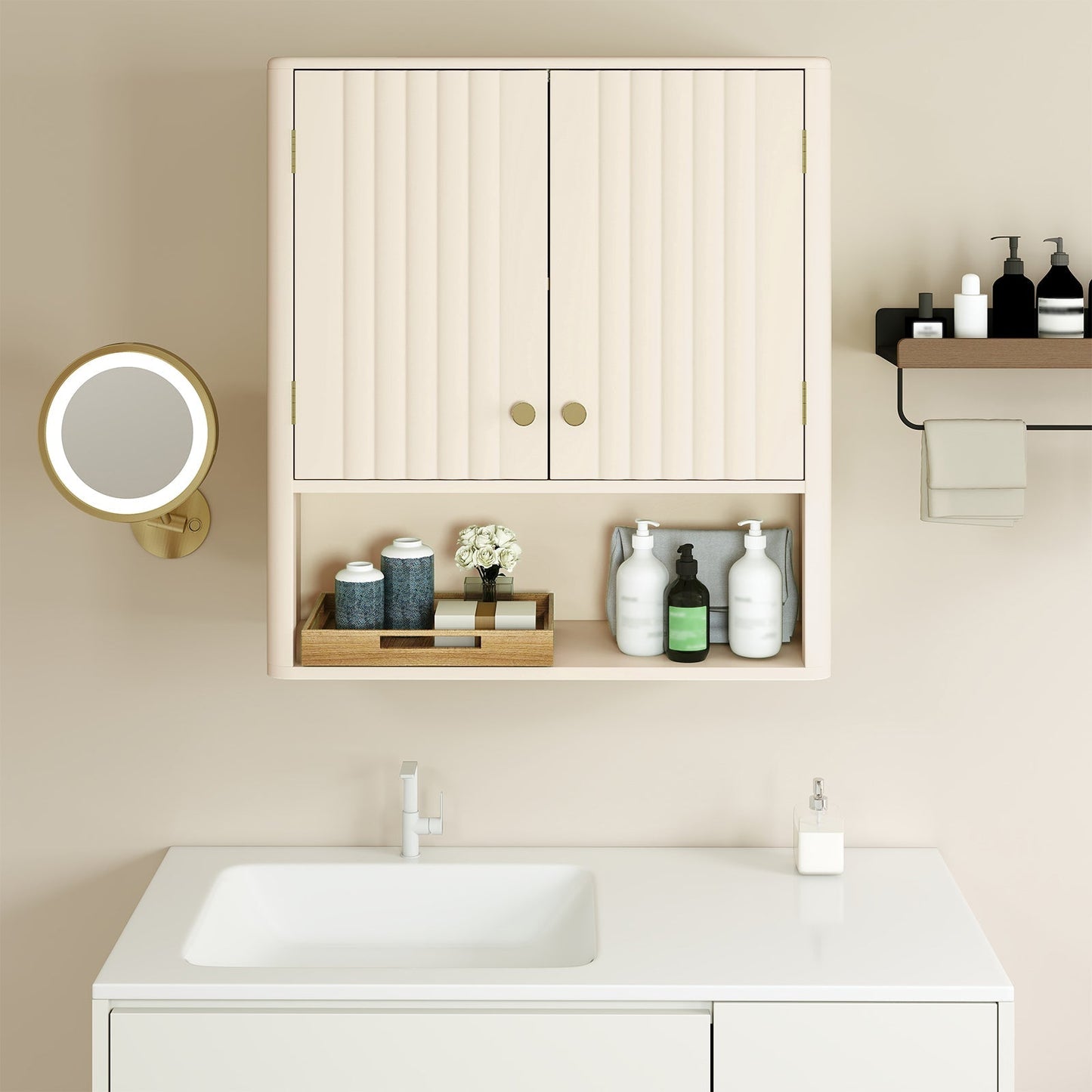 Fluted Bathroom Wall Cabinet with Open Shelf