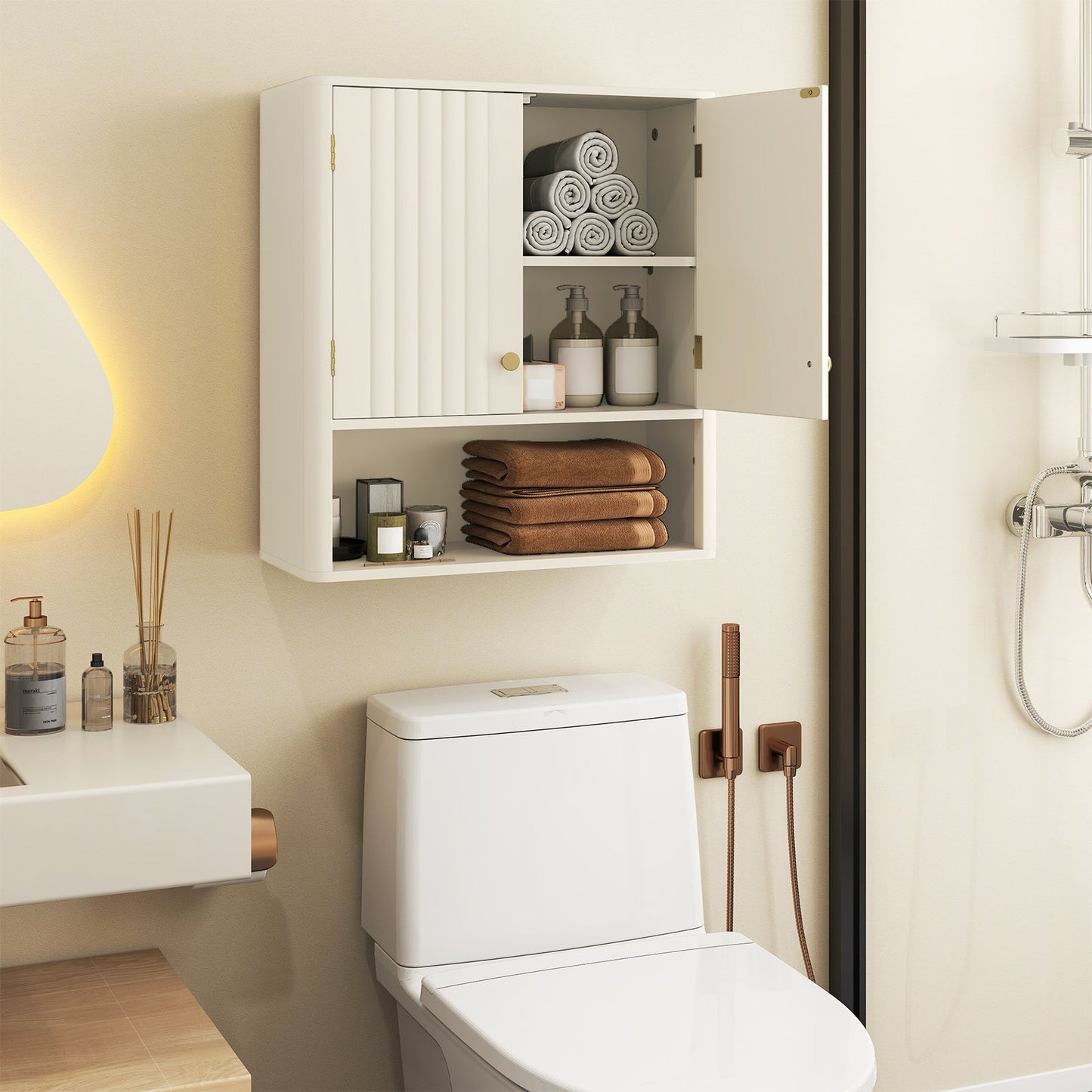Fluted Bathroom Wall Cabinet with Open Shelf