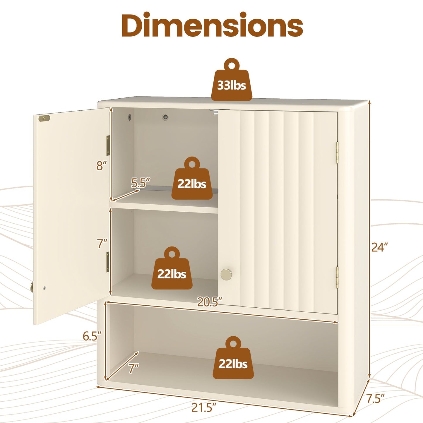 Fluted Bathroom Wall Cabinet with Open Shelf