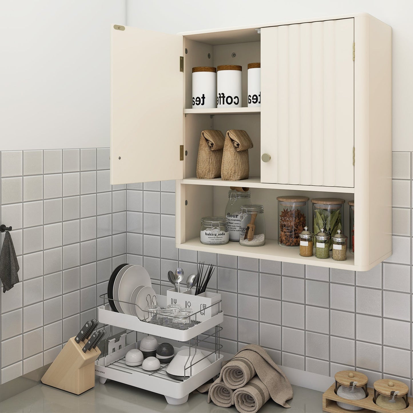 Fluted Bathroom Wall Cabinet with Open Shelf