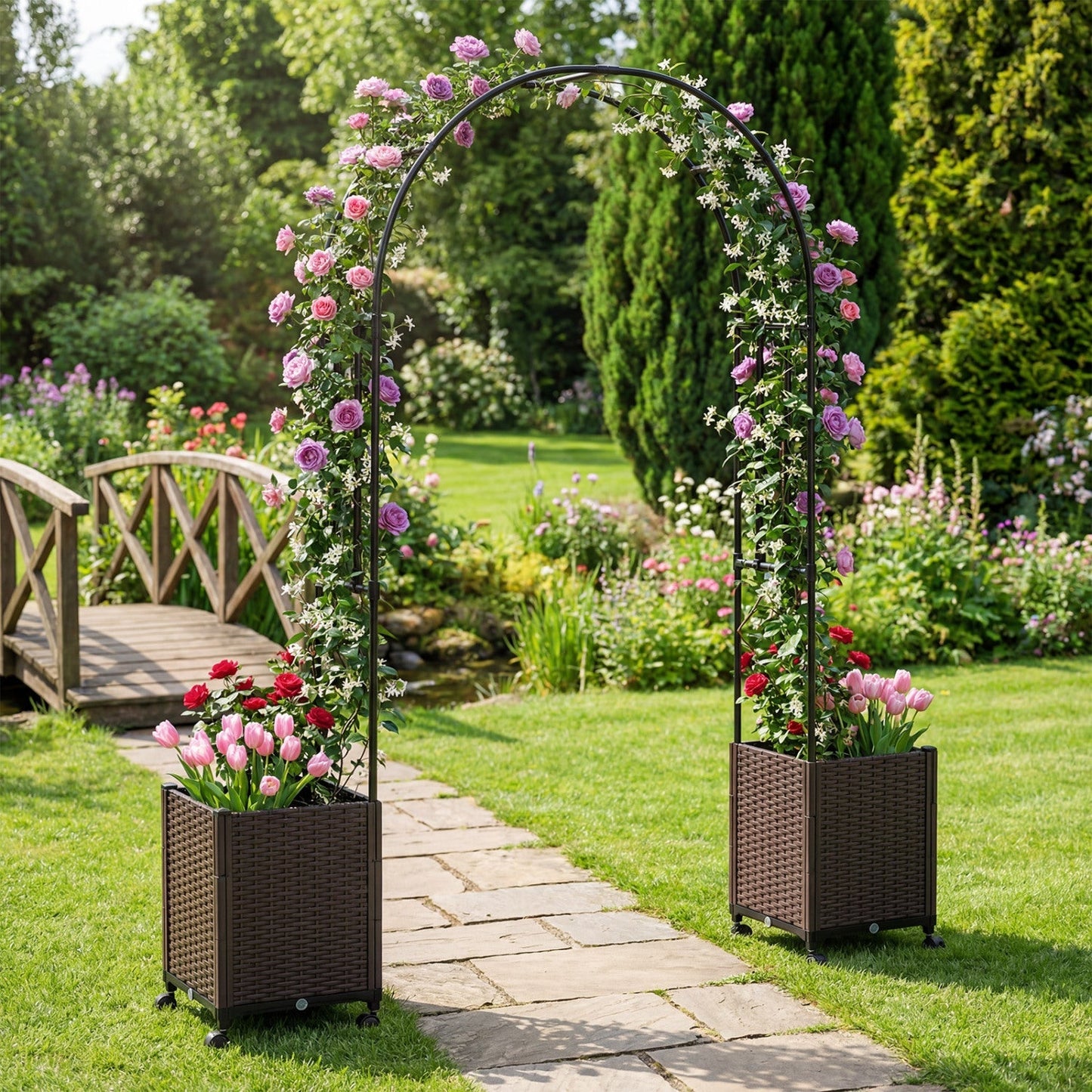 Garden Arch Trellis with 2 Self-watering Planter Boxes for Party Yard Lawn