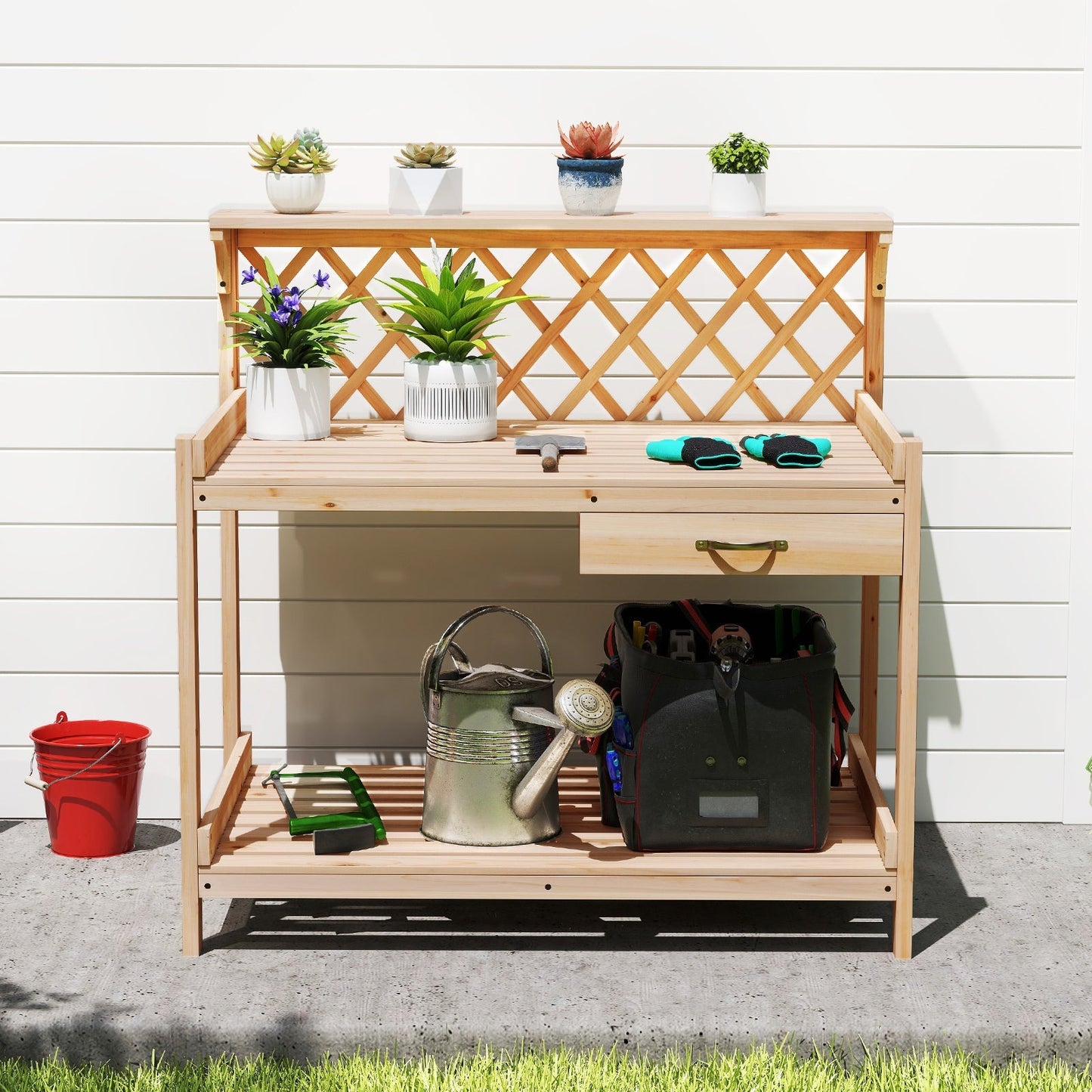 Garden Potting Bench Table Wooden Planting Workstation with Lattice Trellis