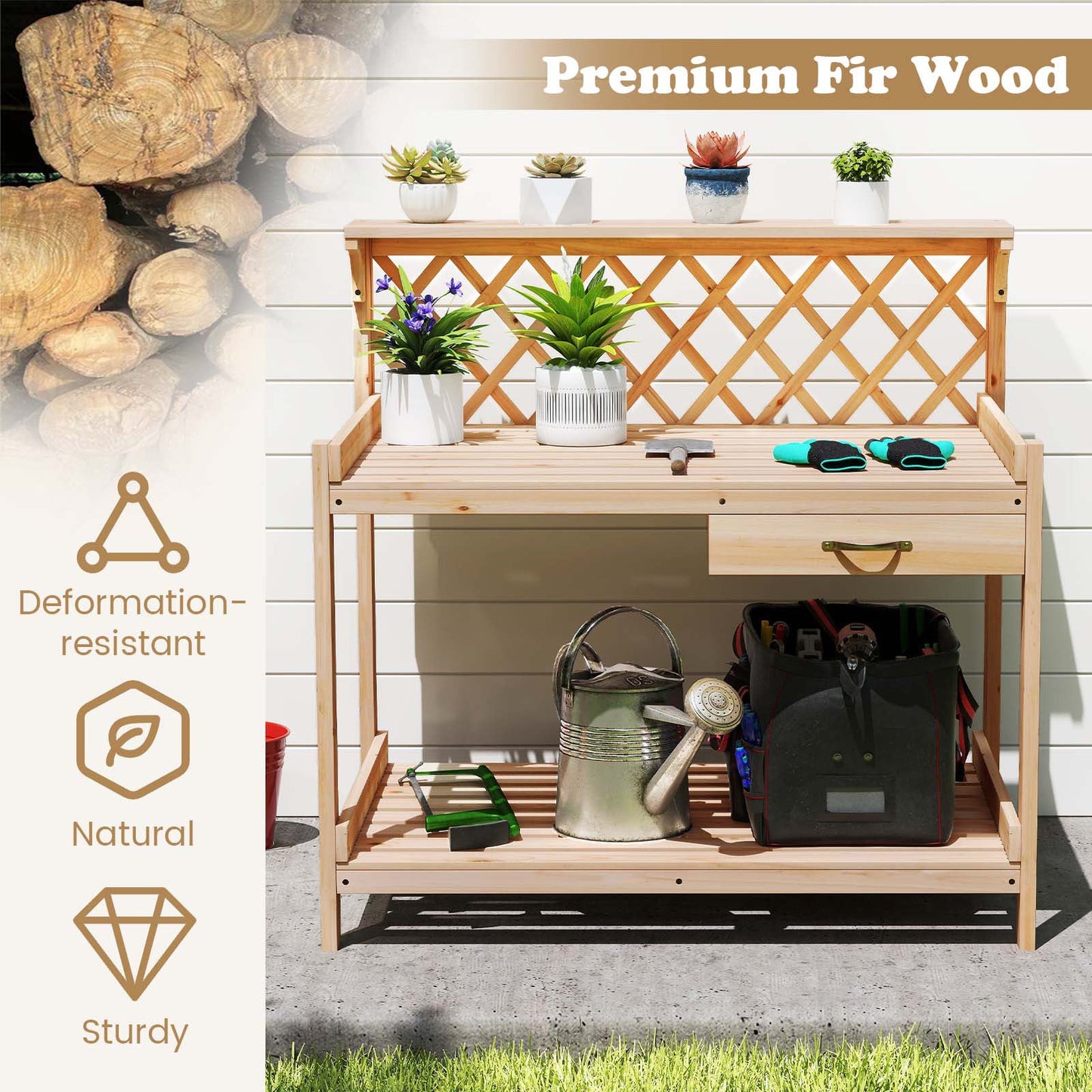 Garden Potting Bench Table Wooden Planting Workstation with Lattice Trellis