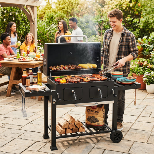 Charcoal Grill with Lifting Trays and Folding Side Tables