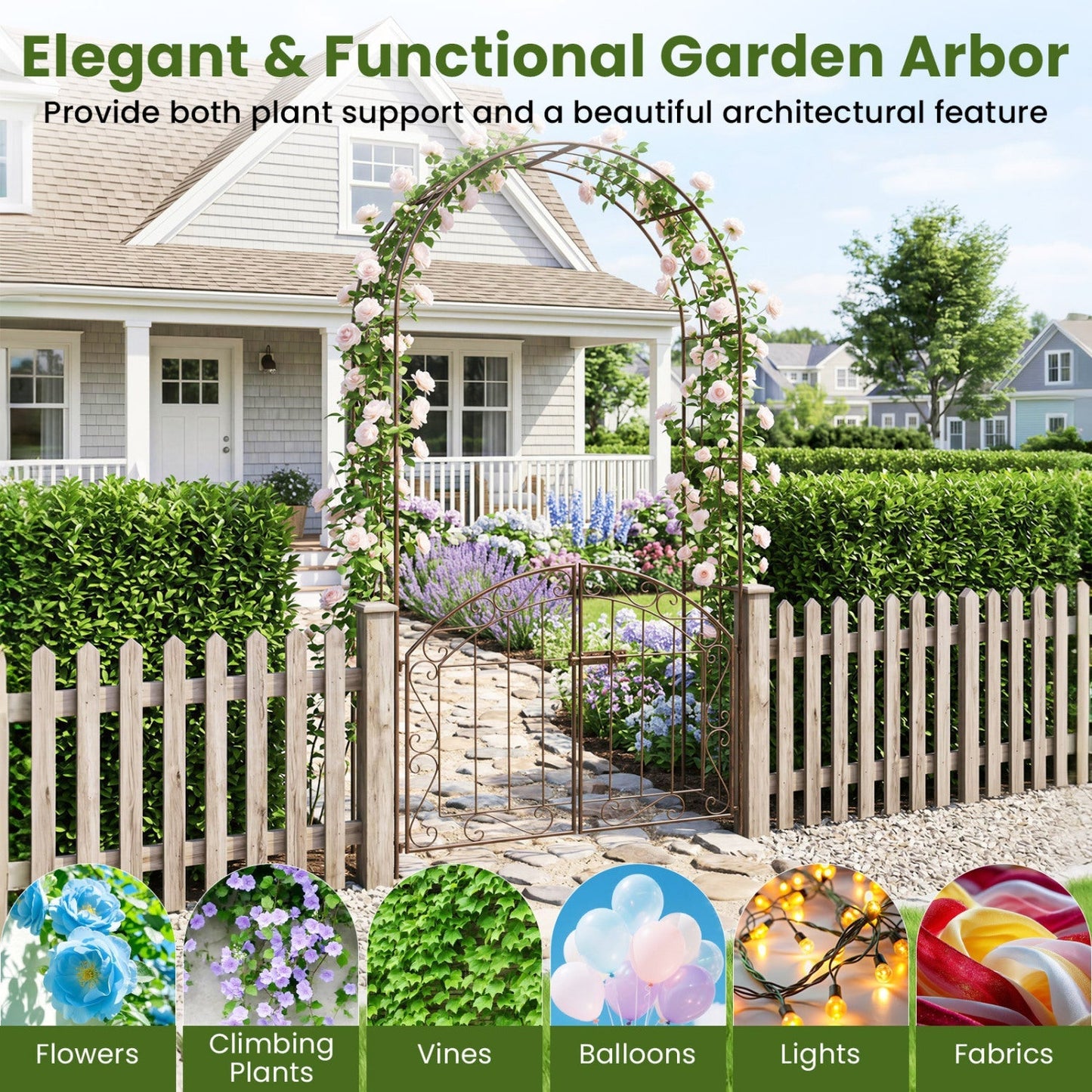 Metal Garden Arch with Gate and Safety Latch - 79" H