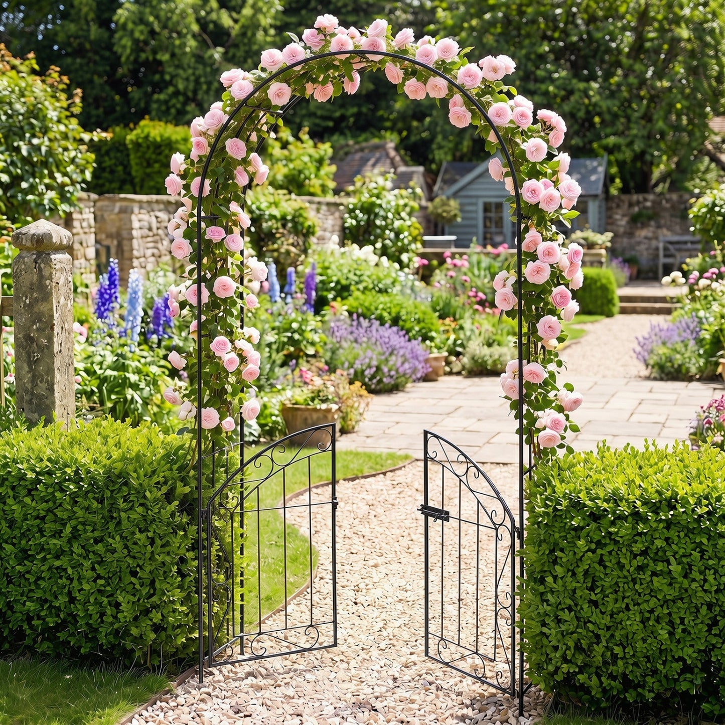 Metal Garden Arch with Gate and Safety Latch - 79" H