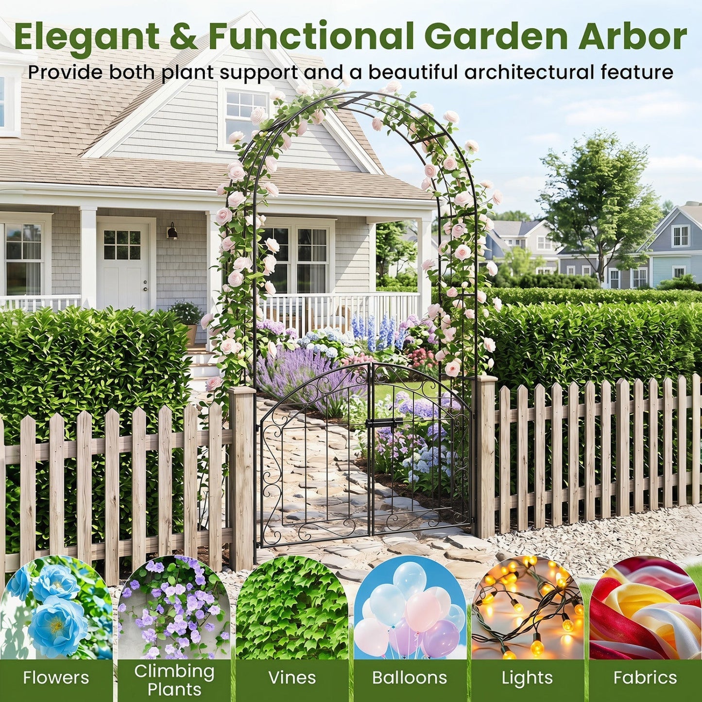 Metal Garden Arch with Gate and Safety Latch - 79" H