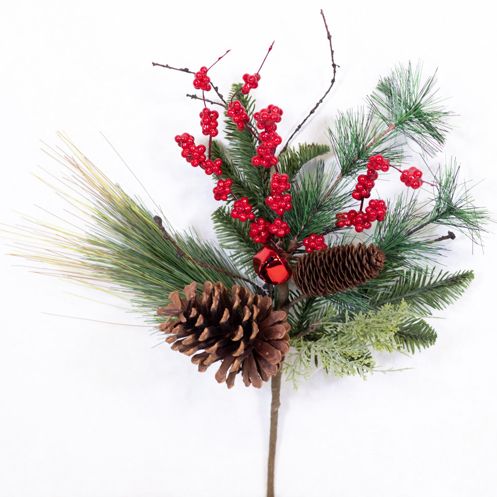 Mixed Pine with Pinecones Red Berries and Red Bell Spray