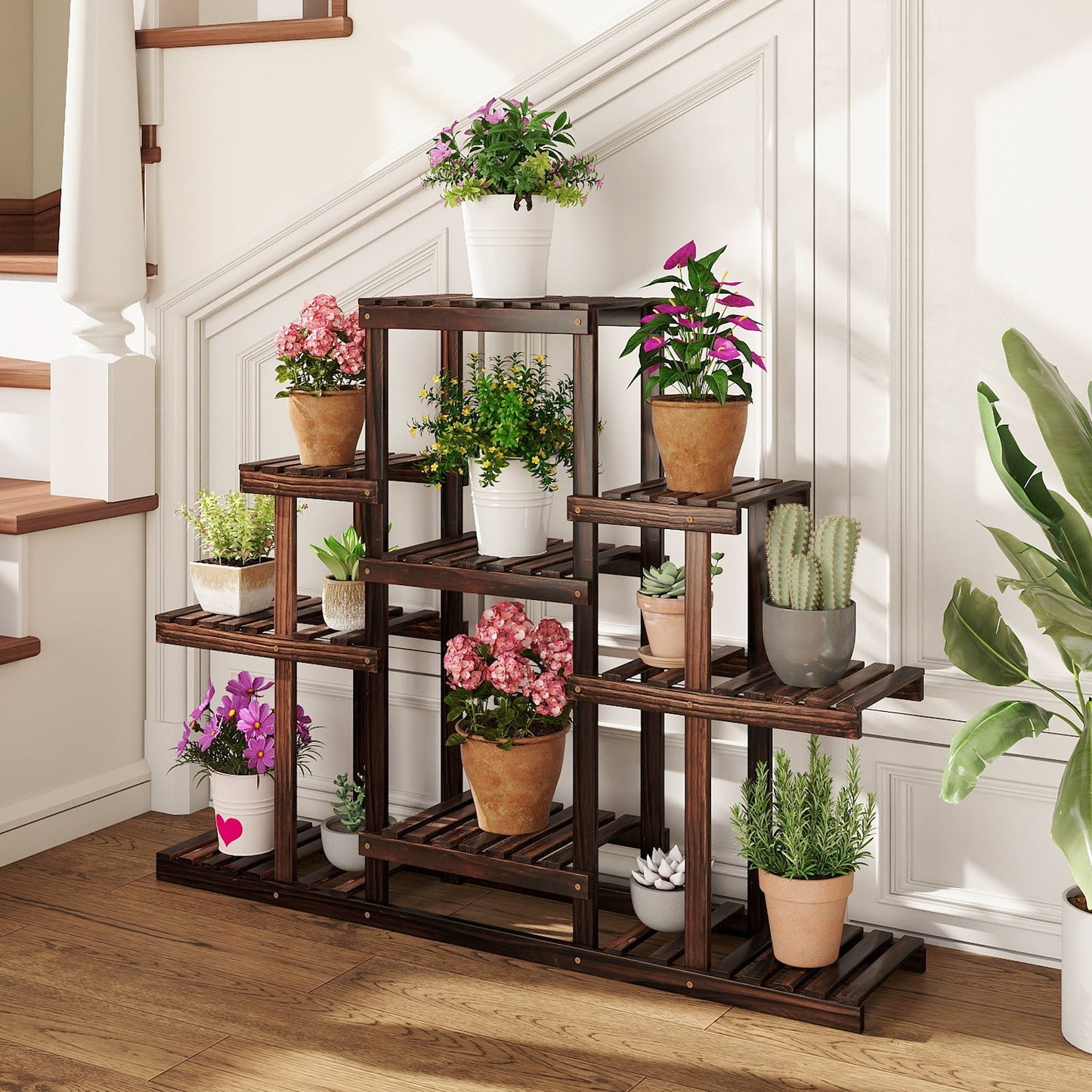 Indoor Outdoor Wood Plant Stand Multi-Tiered Corner Plant Shelf Flowerpot Holder-Brown