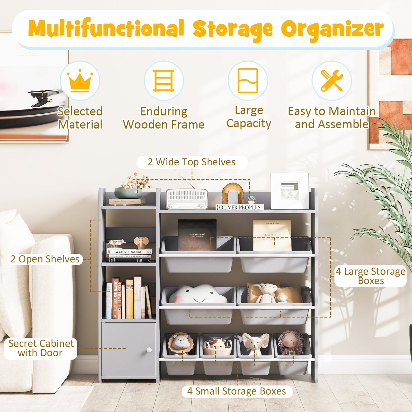 4-Tier Kids Bookshelf and Toy Storage Rack with 8 Toy Organizer Bins-Grey