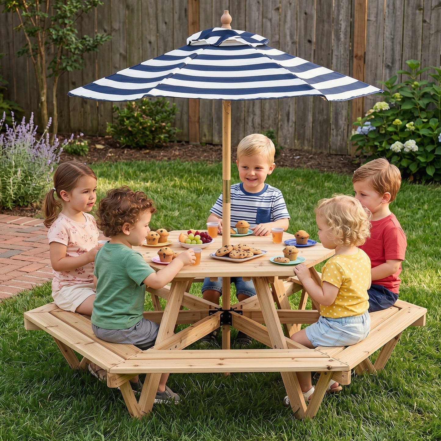 Kids Hexagonal Picnic Table with Umbrella and 6 Benches