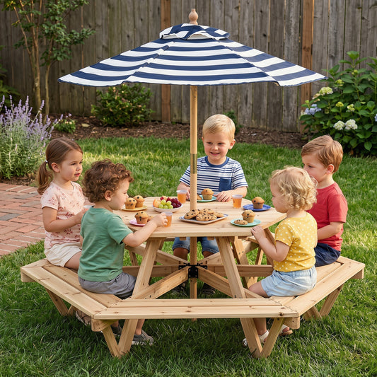 Kids Hexagonal Picnic Table with Umbrella and 6 Benches