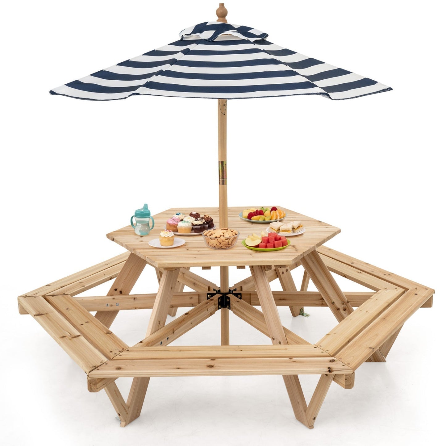 Kids Hexagonal Picnic Table with Umbrella and 6 Benches